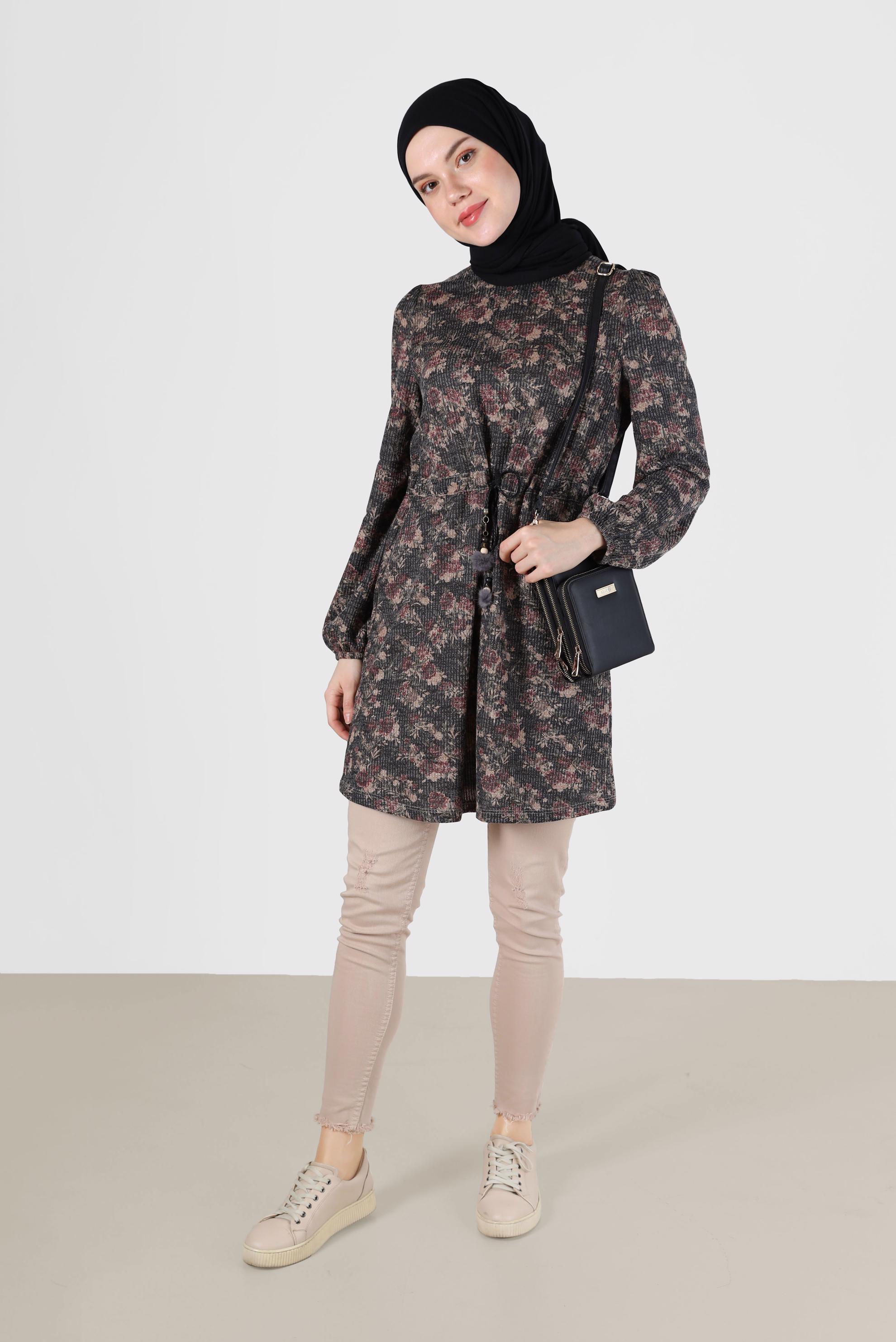 Hijab clothing BLACK GATHERED WAIST PATTERNED TUNIC 42319