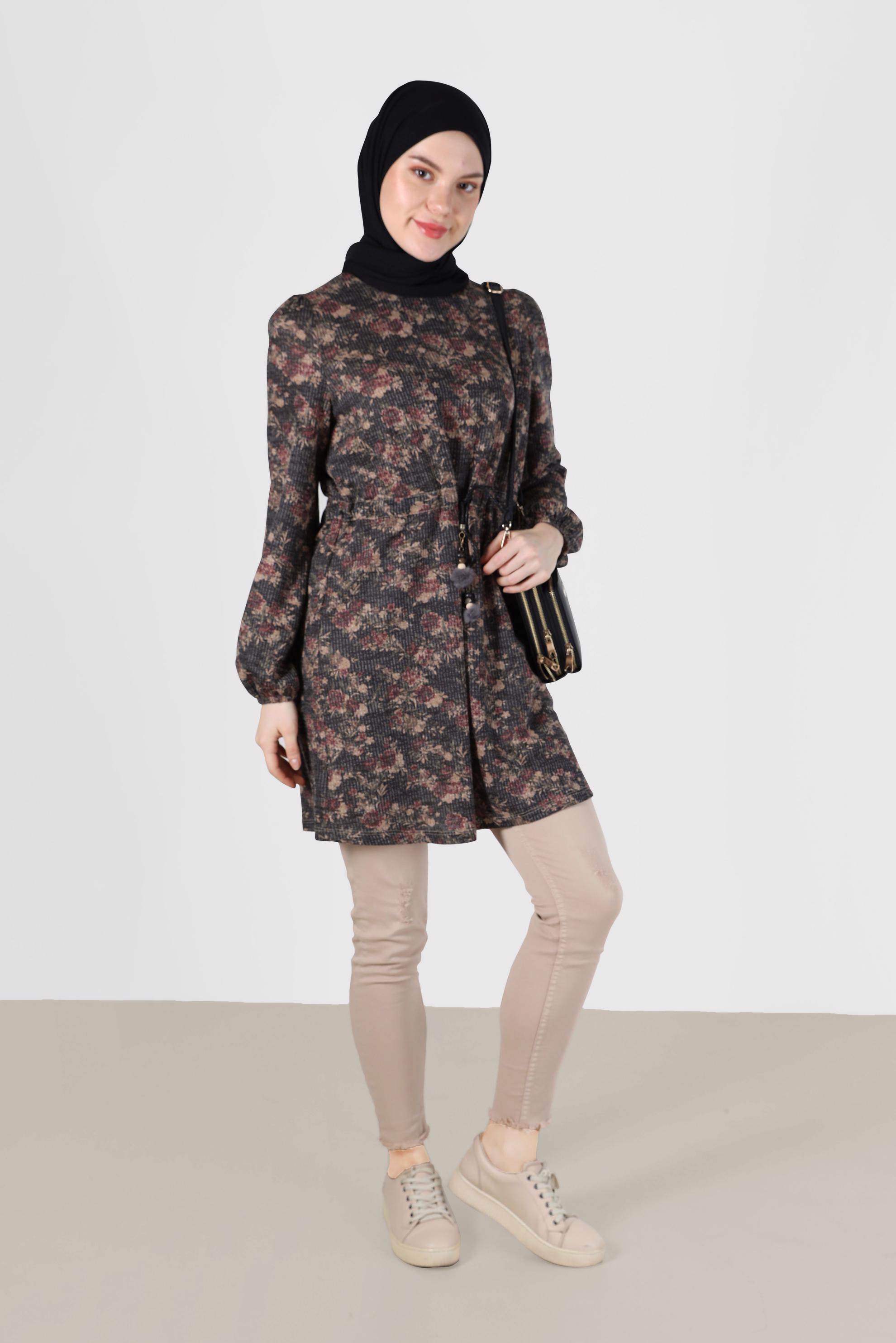 Hijab clothing BLACK GATHERED WAIST PATTERNED TUNIC 42319