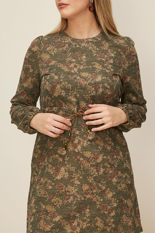 Tesettür giyim HAKİ BELİ BÜZGÜLÜ DESENLİ TUNİK 42319  - ALVİNA