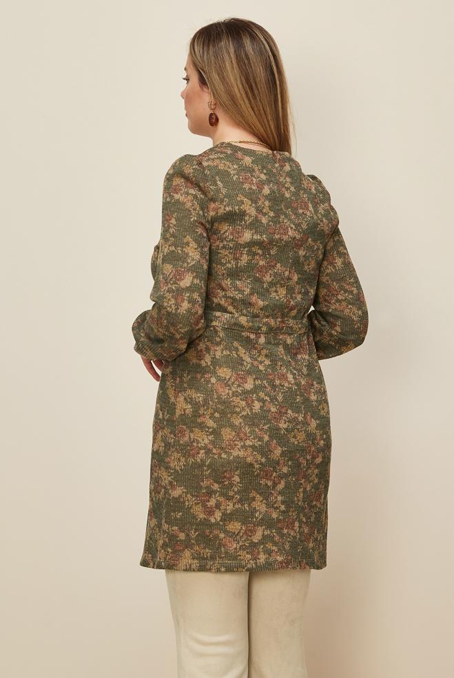 Tesettür giyim HAKİ BELİ BÜZGÜLÜ DESENLİ TUNİK 42319  - ALVİNA