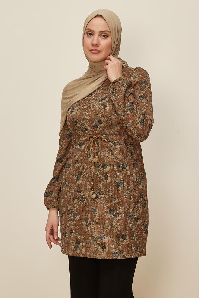 Tesettür giyim TABA BELİ BÜZGÜLÜ DESENLİ TUNİK 42319  - ALVİNA