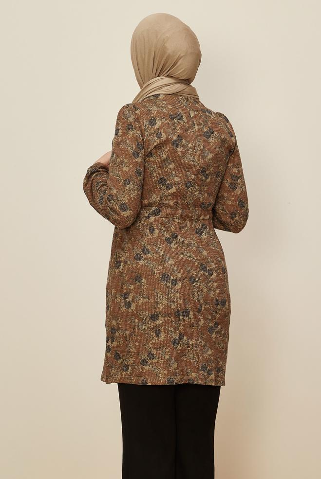 Tesettür giyim TABA BELİ BÜZGÜLÜ DESENLİ TUNİK 42319  - ALVİNA