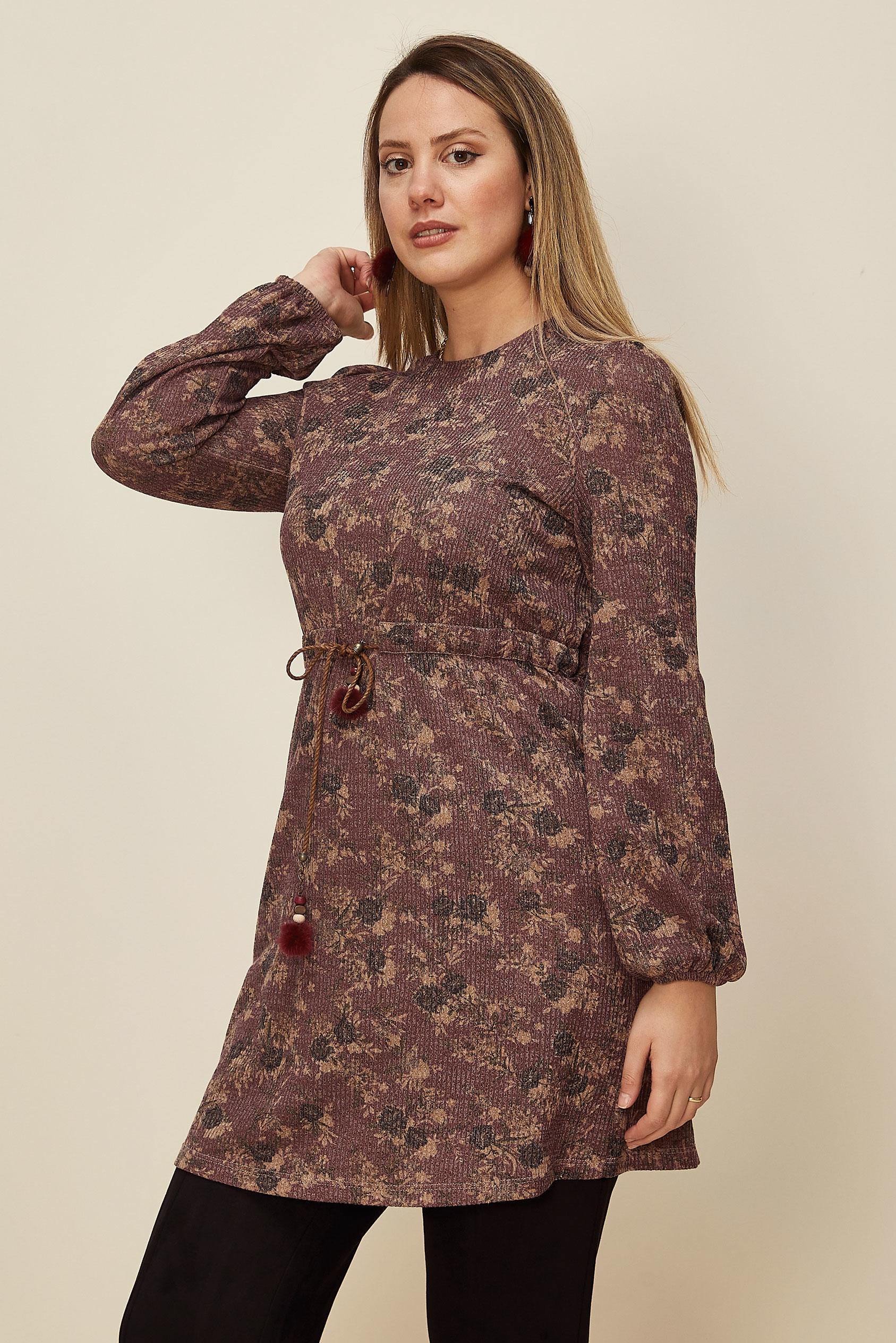 Tesettür giyim PEMBE BELİ BÜZGÜLÜ DESENLİ TUNİK 42319 