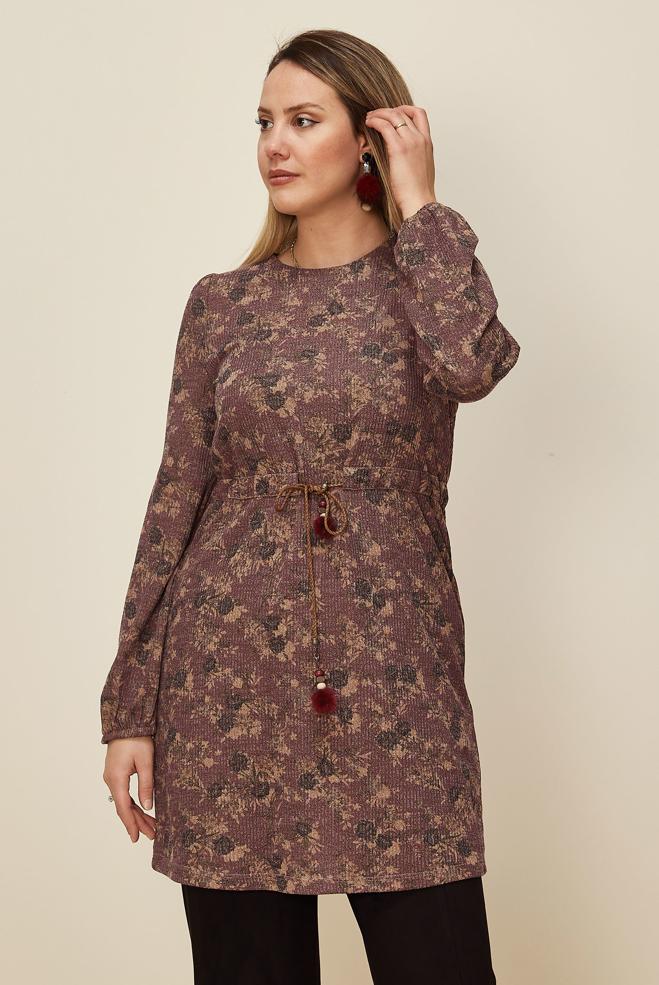 Tesettür giyim PEMBE BELİ BÜZGÜLÜ DESENLİ TUNİK 42319  - ALVİNA