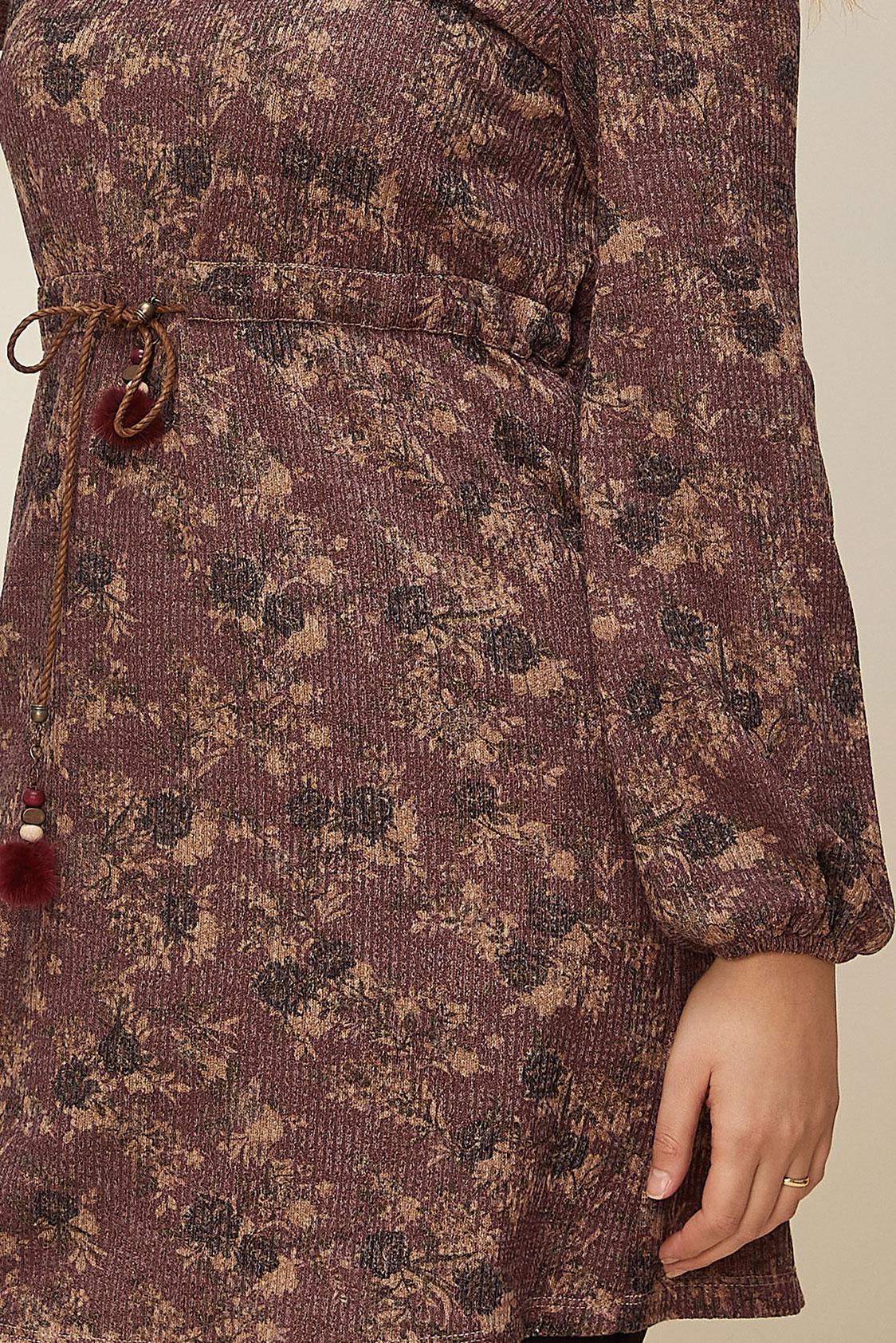 Tesettür giyim PEMBE BELİ BÜZGÜLÜ DESENLİ TUNİK 42319 