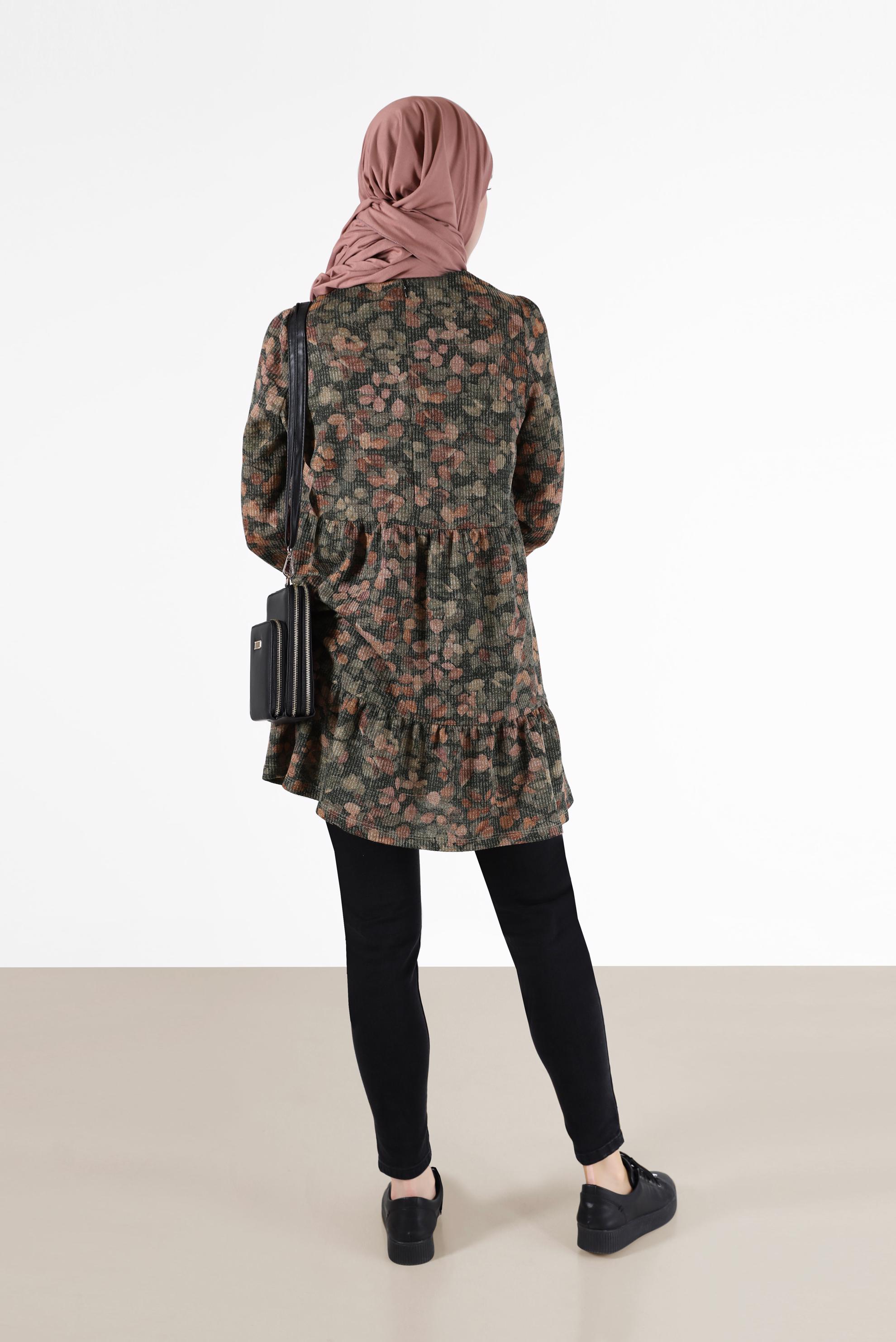 Tesettür giyim SİYAH BAĞCIK DETAYLI DESENLİ KATLI TUNİK 42320 