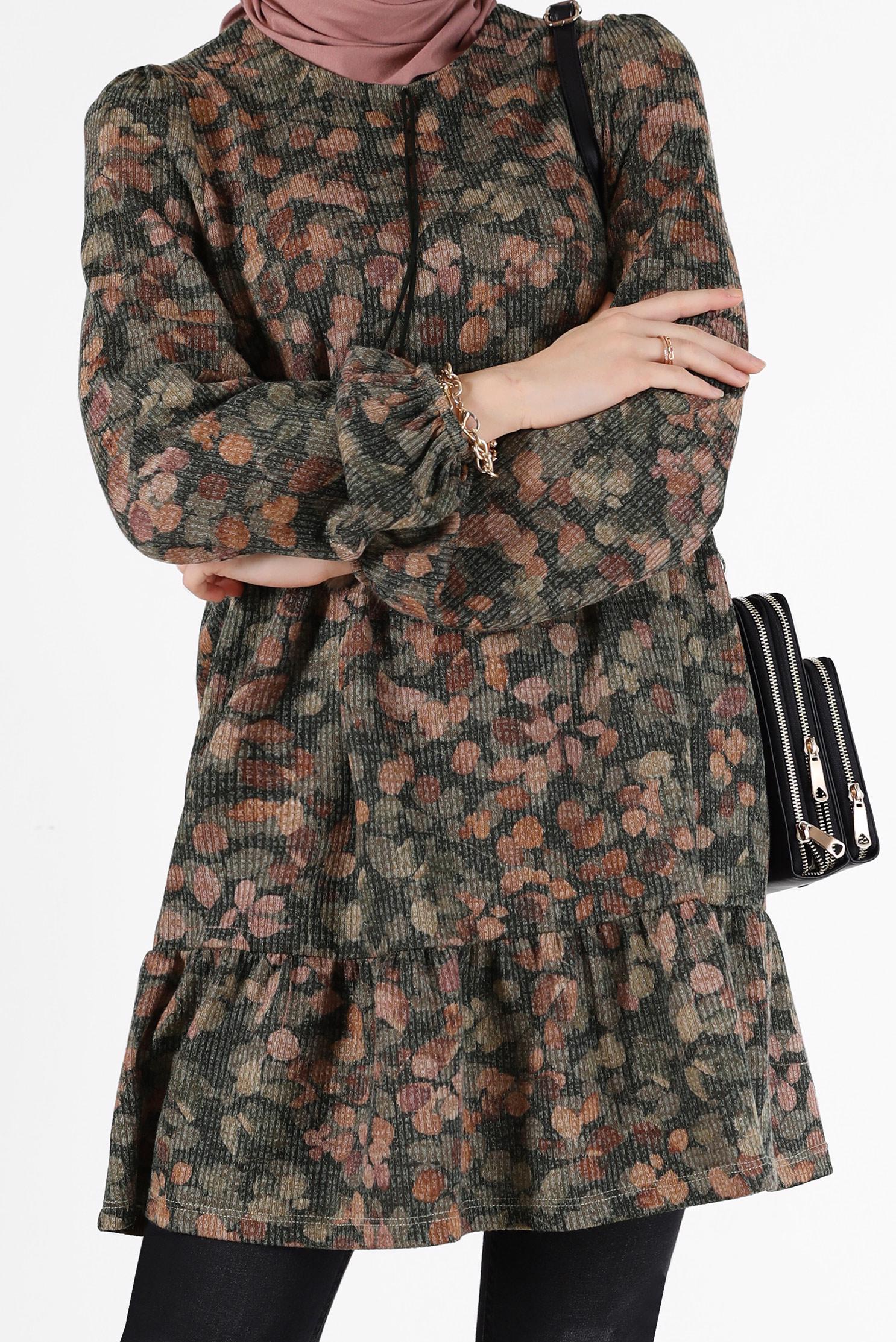 Tesettür giyim SİYAH BAĞCIK DETAYLI DESENLİ KATLI TUNİK 42320 