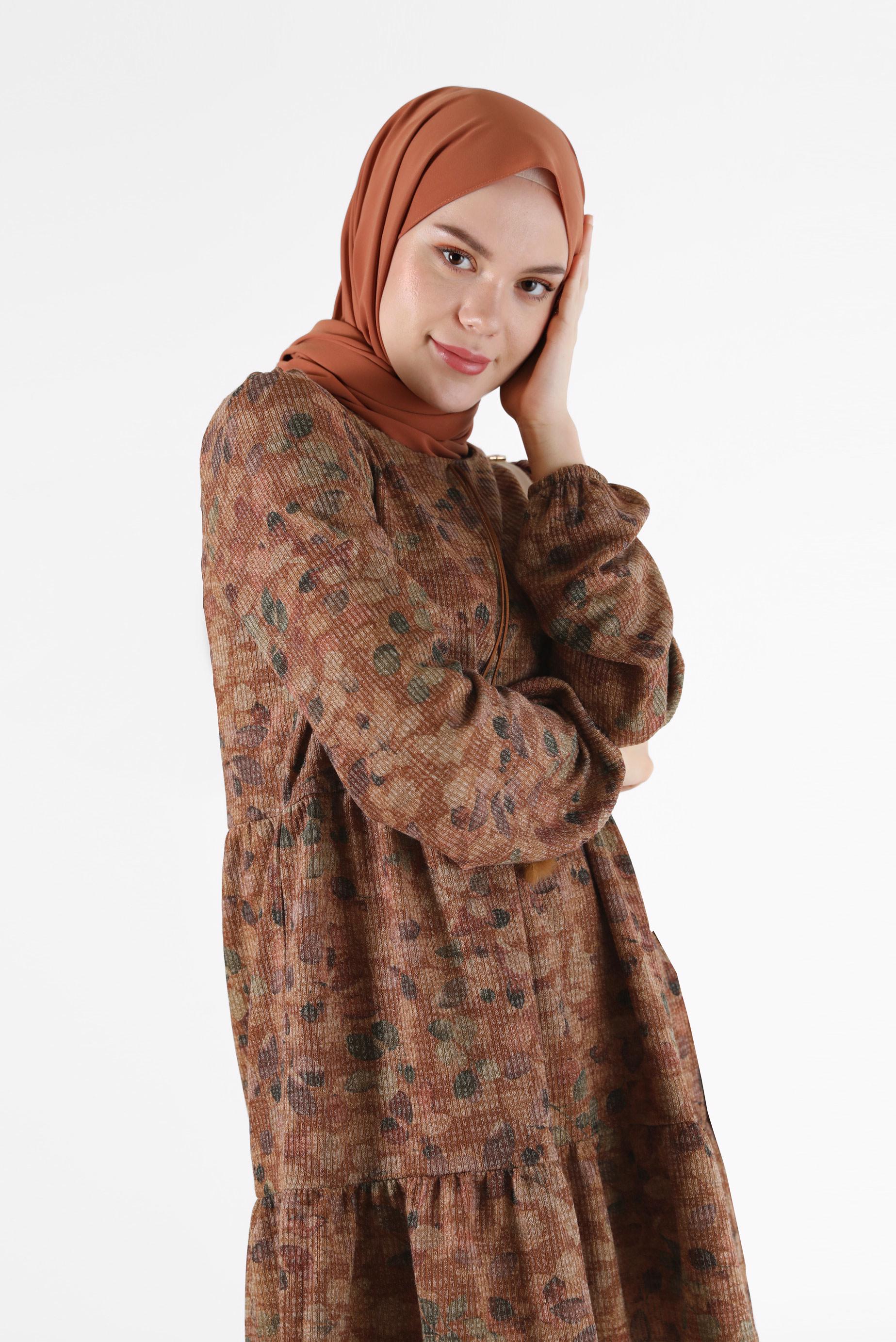 Tesettür giyim TABA BAĞCIK DETAYLI DESENLİ KATLI TUNİK 42320 