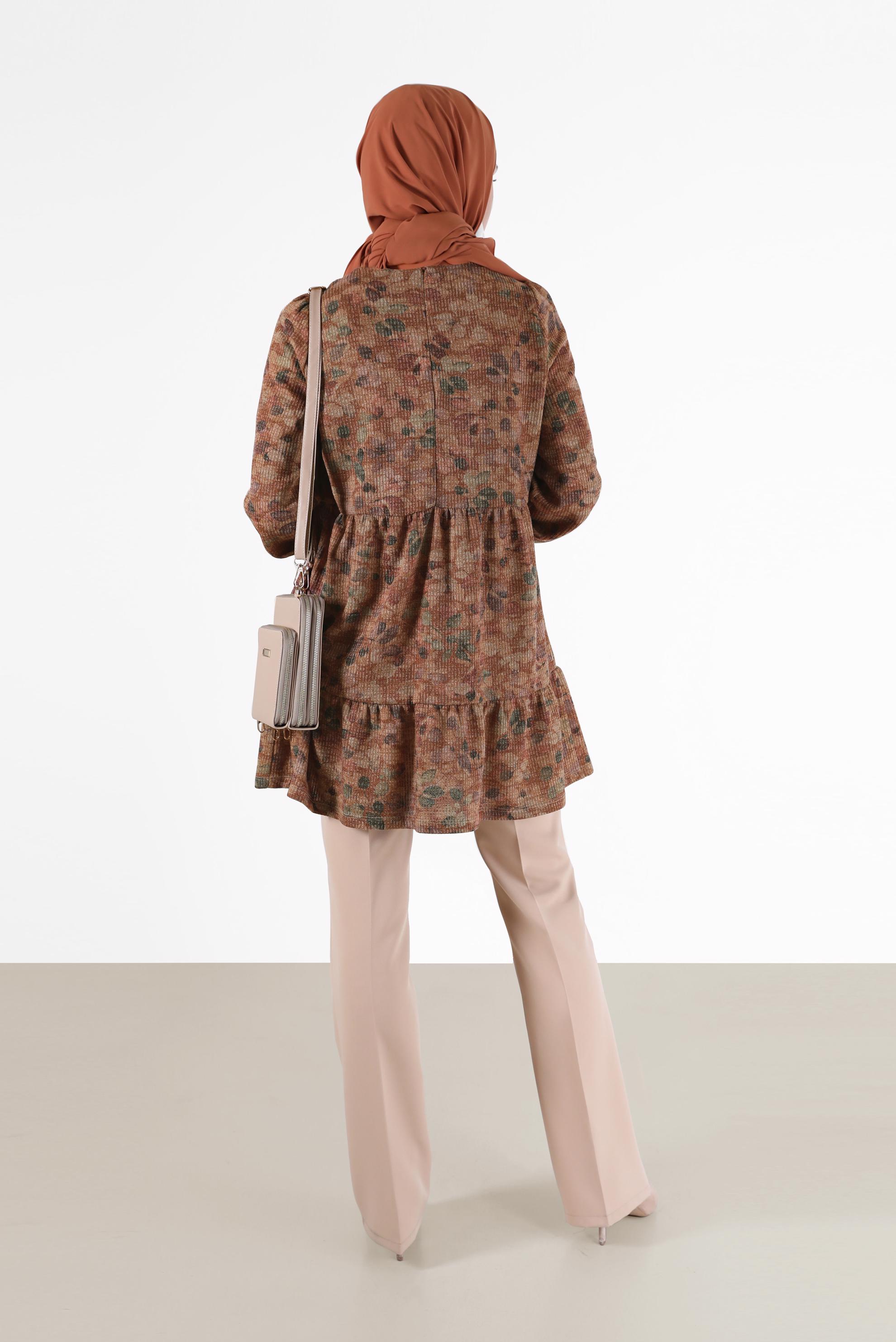 Tesettür giyim TABA BAĞCIK DETAYLI DESENLİ KATLI TUNİK 42320 