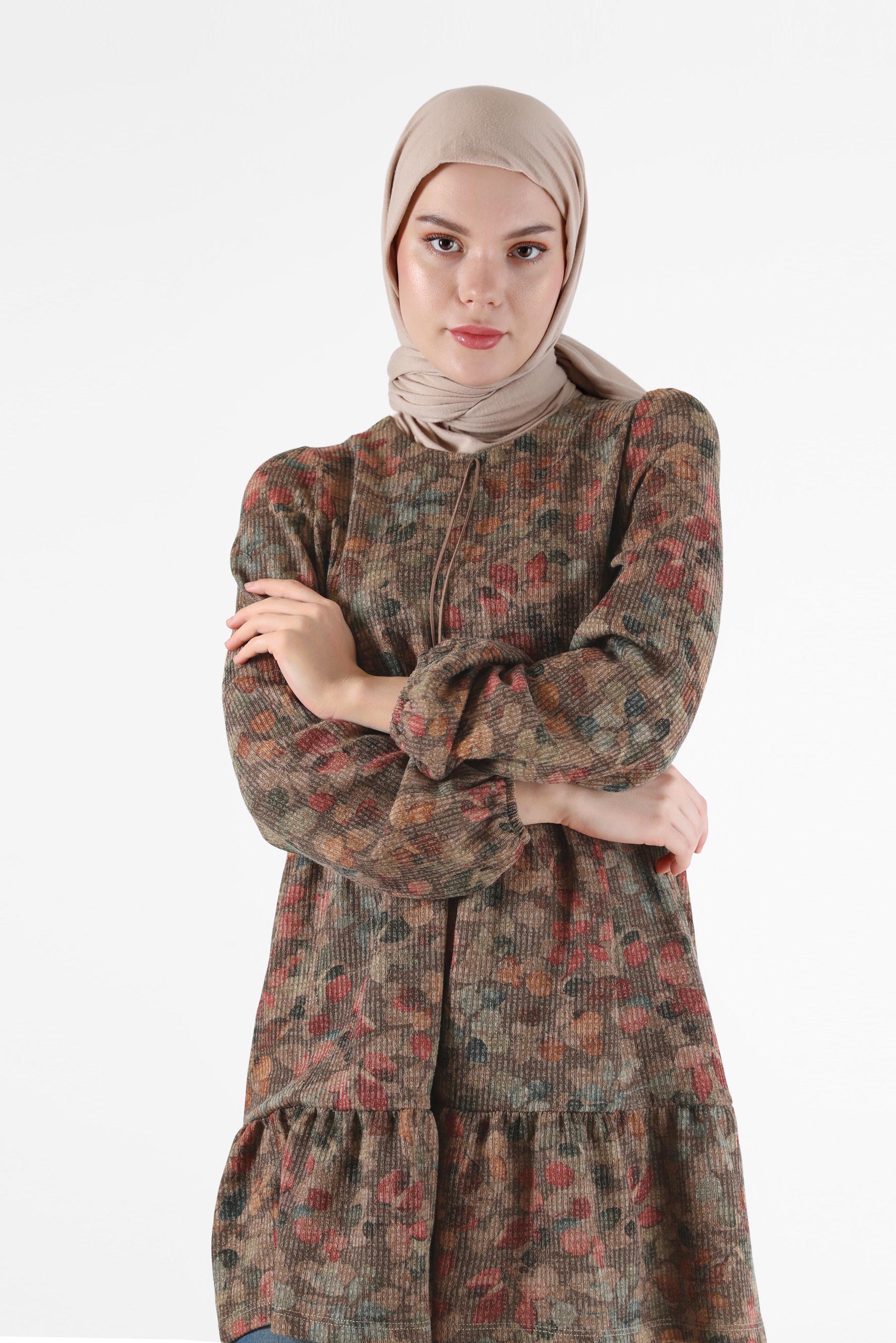 Tesettür giyim VİZON BAĞCIK DETAYLI DESENLİ KATLI TUNİK 42320 