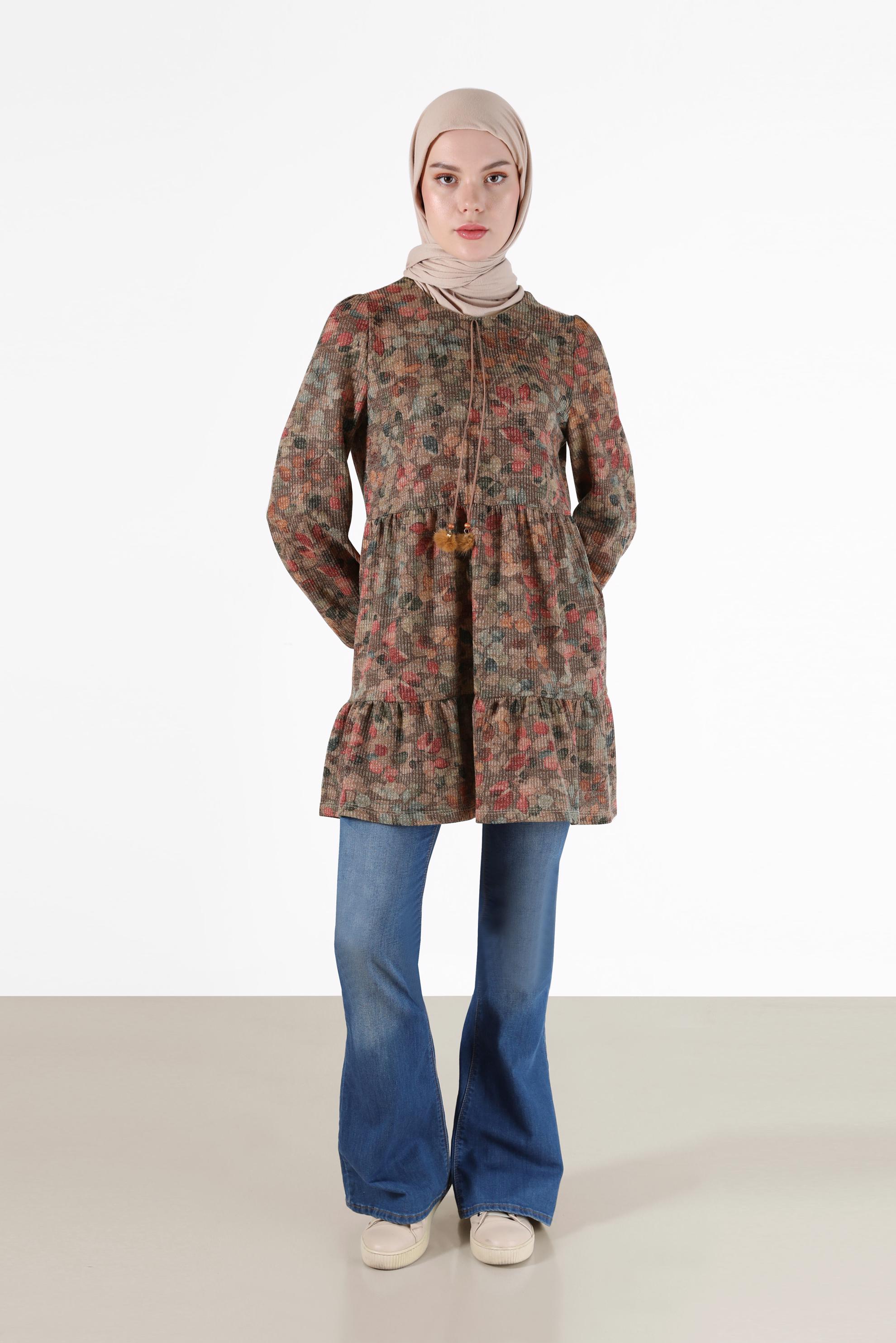 Tesettür giyim VİZON BAĞCIK DETAYLI DESENLİ KATLI TUNİK 42320 