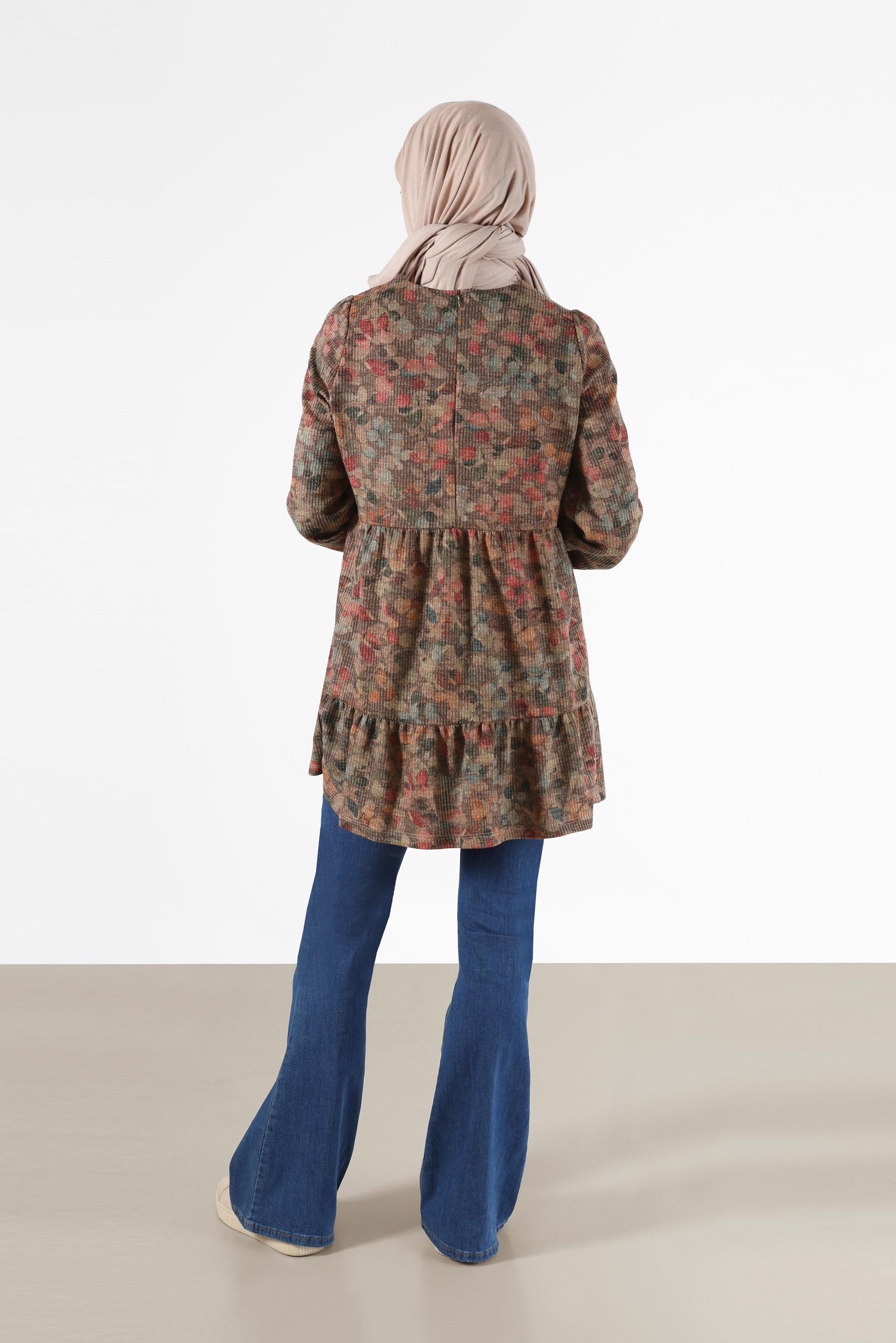 Tesettür giyim VİZON BAĞCIK DETAYLI DESENLİ KATLI TUNİK 42320 