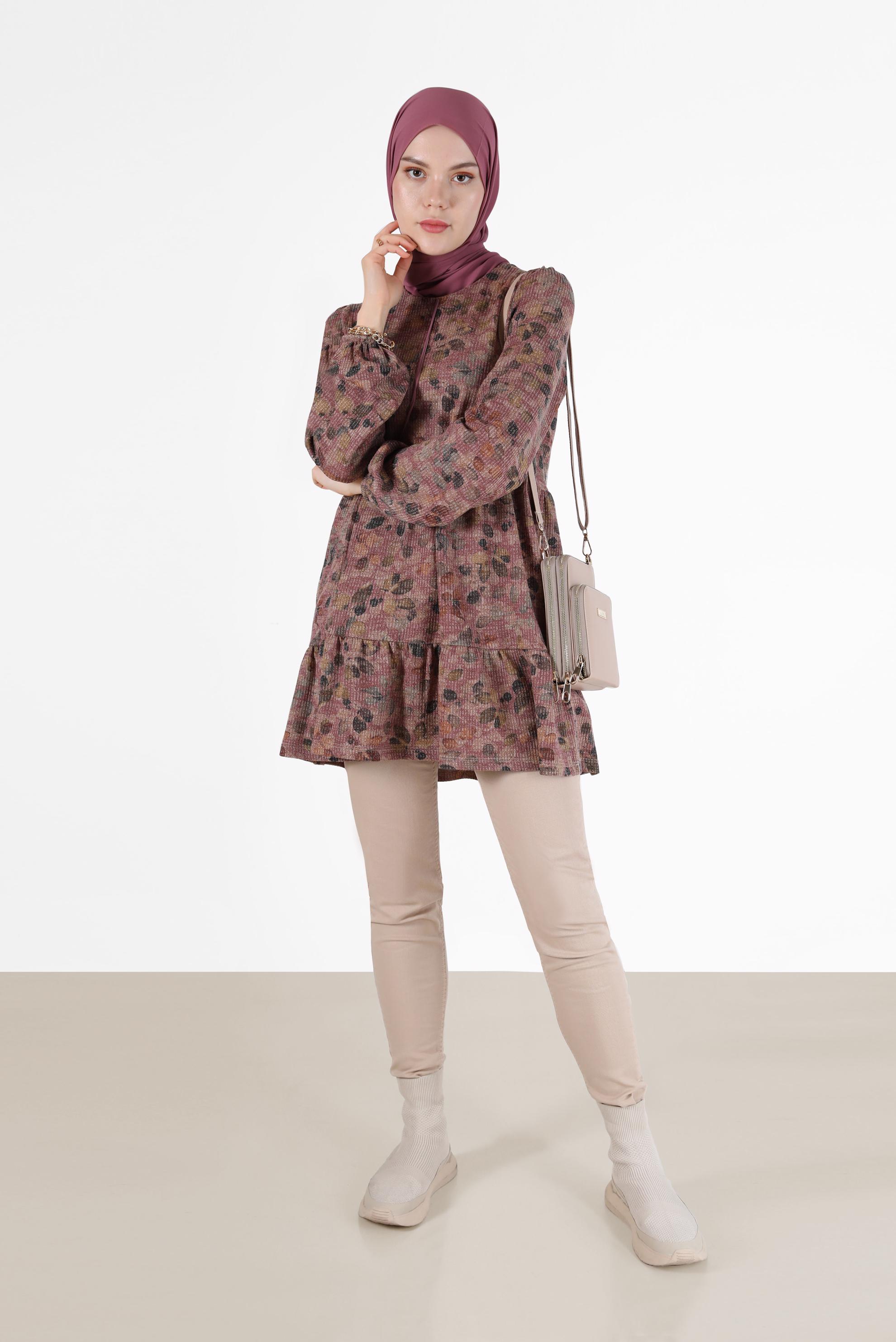 Tesettür giyim PEMBE BAĞCIK DETAYLI DESENLİ KATLI TUNİK 42320 