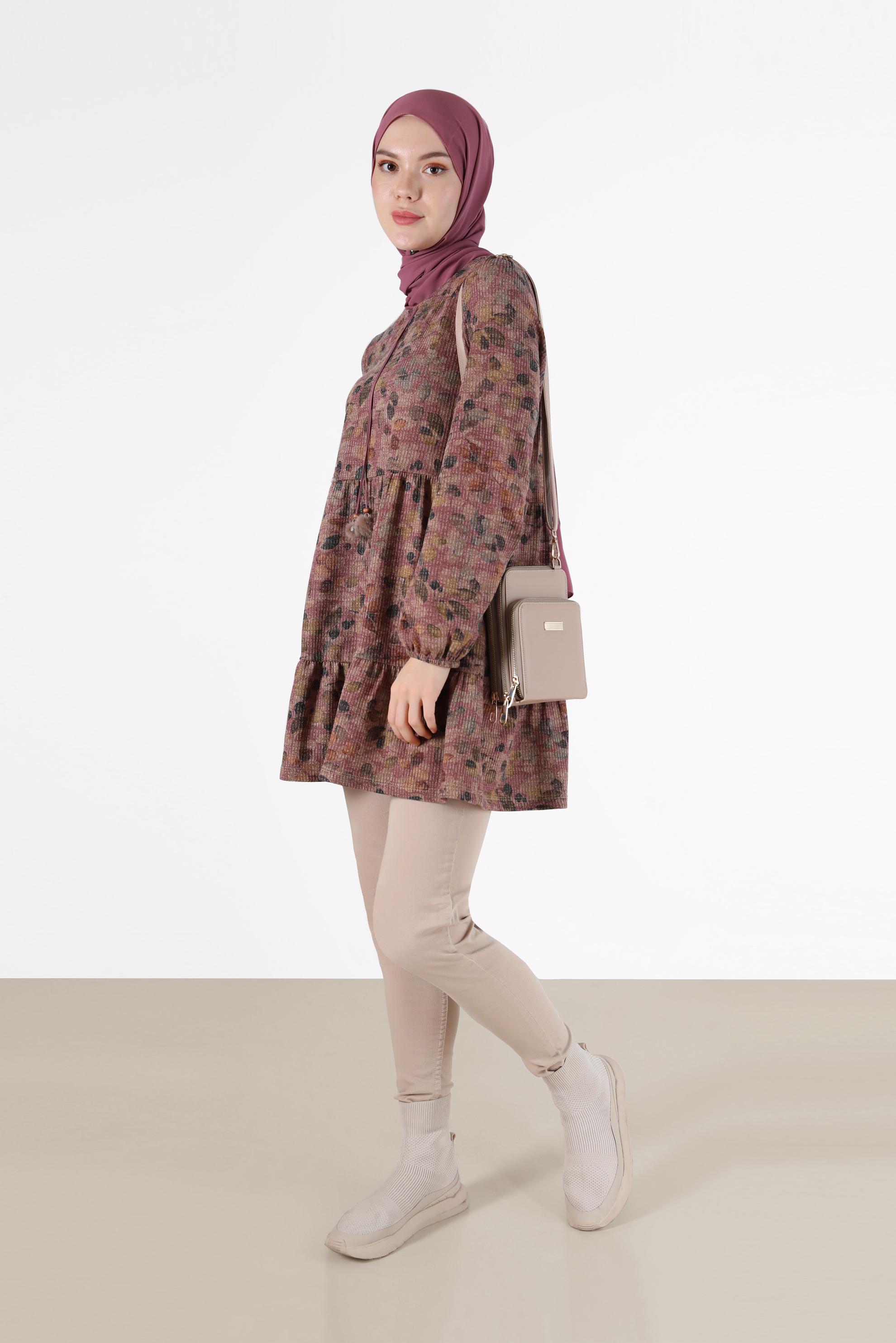 Tesettür giyim PEMBE BAĞCIK DETAYLI DESENLİ KATLI TUNİK 42320 