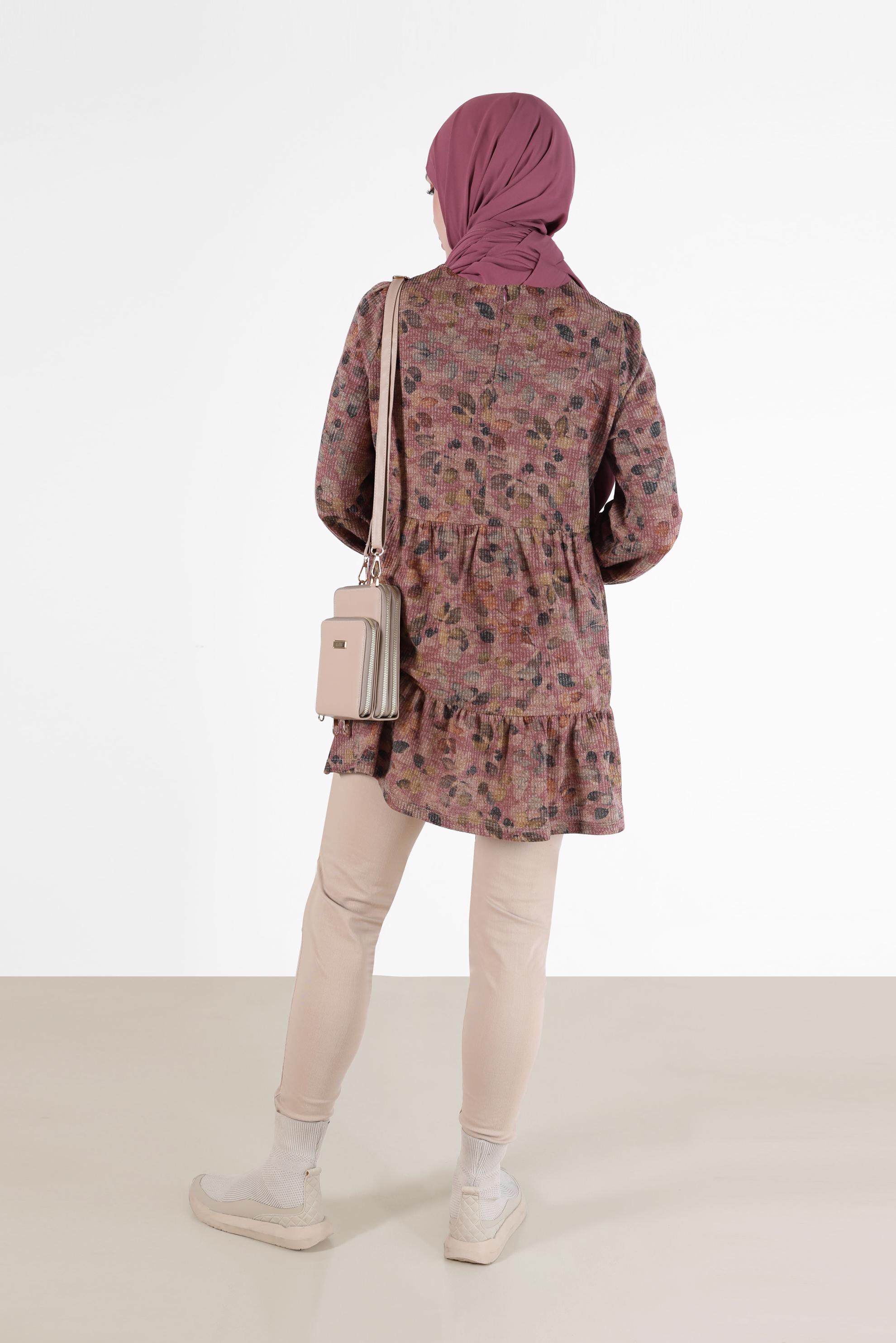 Tesettür giyim PEMBE BAĞCIK DETAYLI DESENLİ KATLI TUNİK 42320 