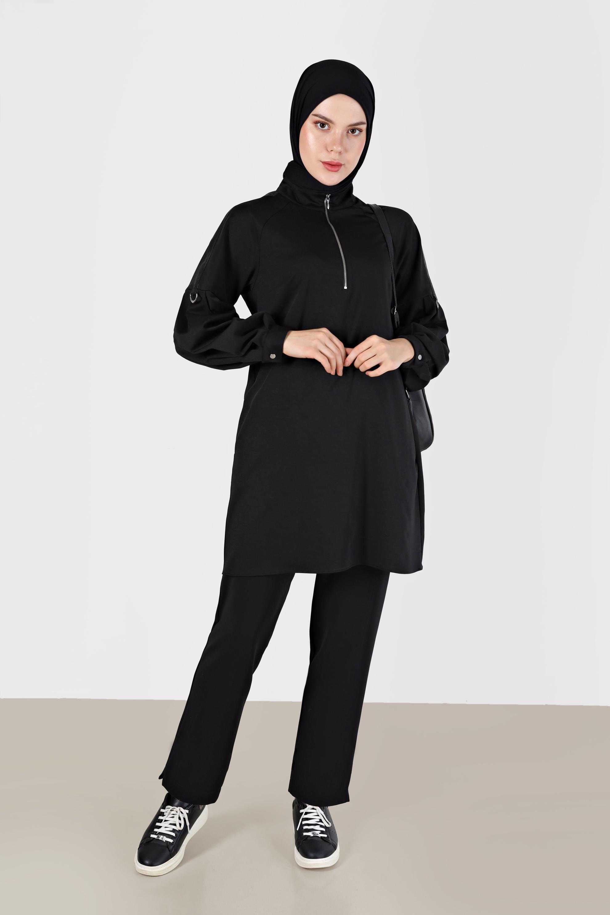 Tesettür giyim SİYAH DERİ ŞERİT DETAYLI FERMUARLI TUNİK 42322 