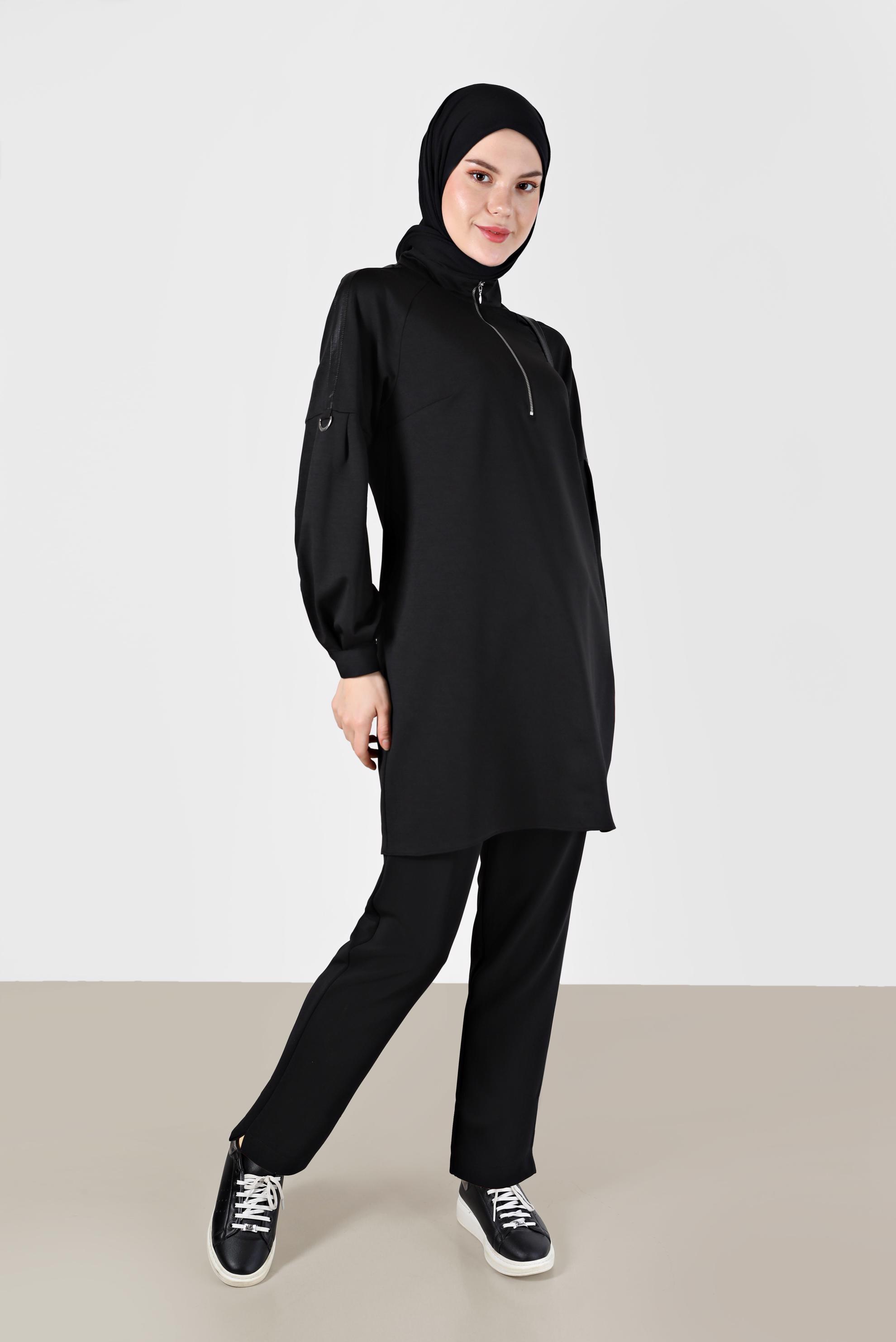 Tesettür giyim SİYAH DERİ ŞERİT DETAYLI FERMUARLI TUNİK 42322 