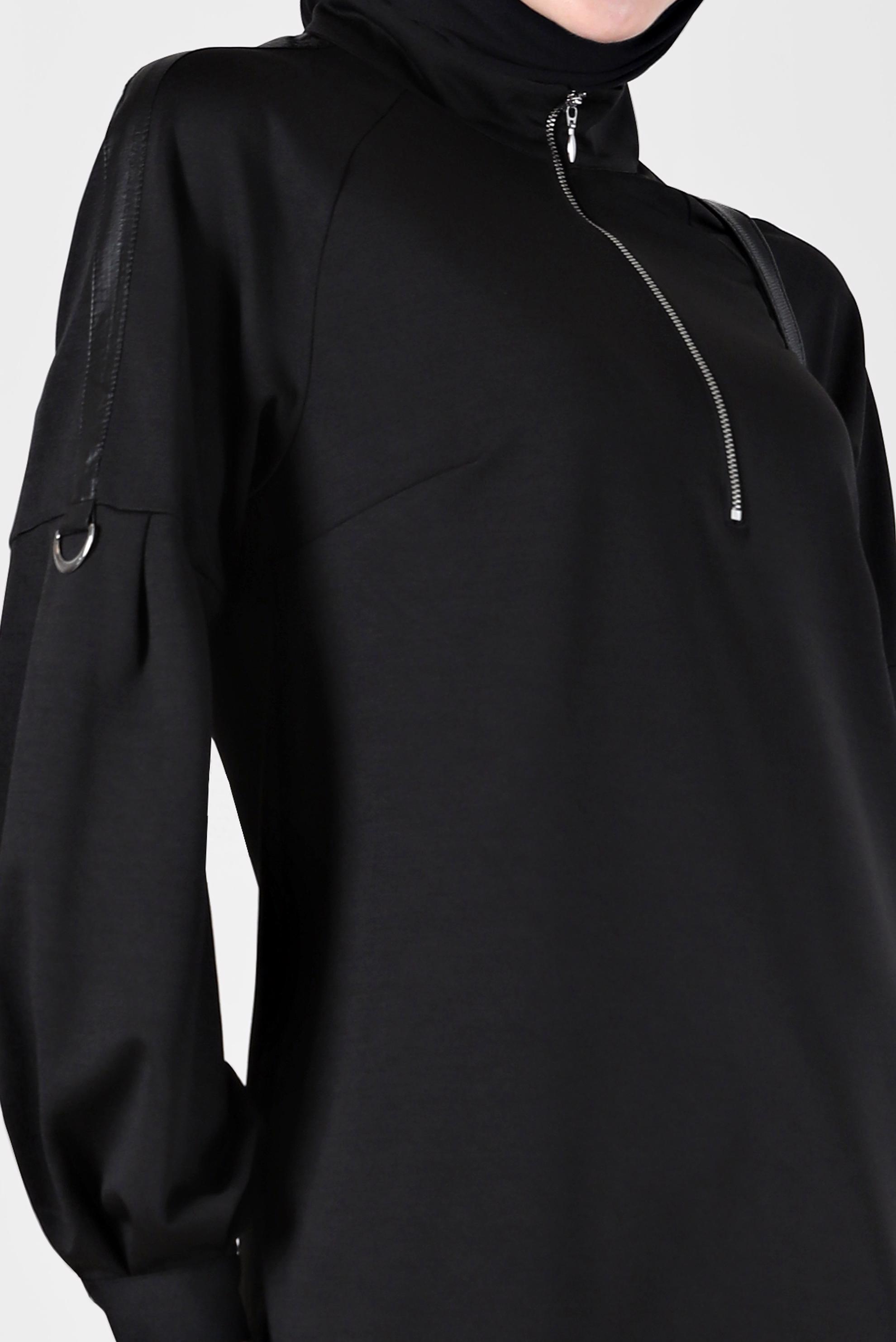 Tesettür giyim SİYAH DERİ ŞERİT DETAYLI FERMUARLI TUNİK 42322 