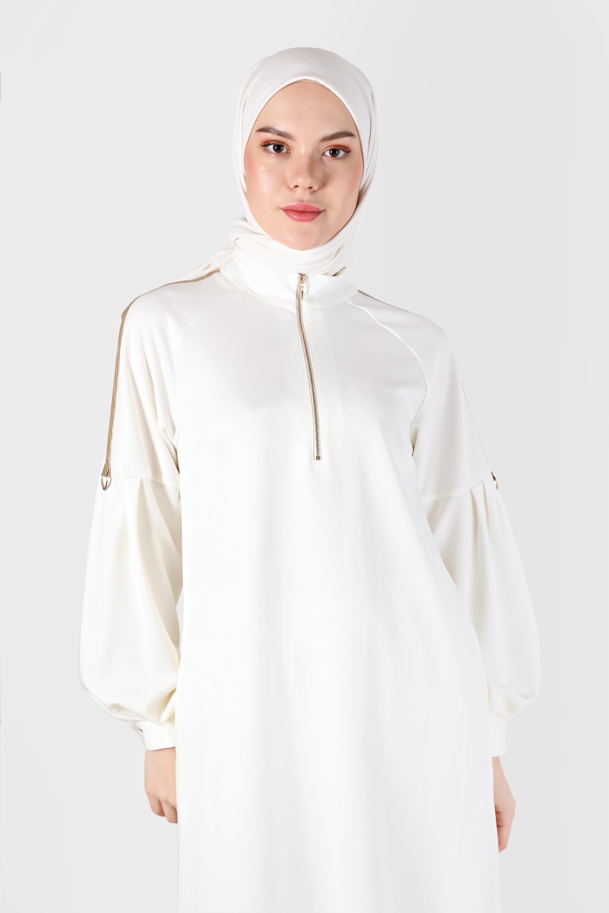 Tesettür giyim BEYAZ DERİ ŞERİT DETAYLI FERMUARLI TUNİK 42322 