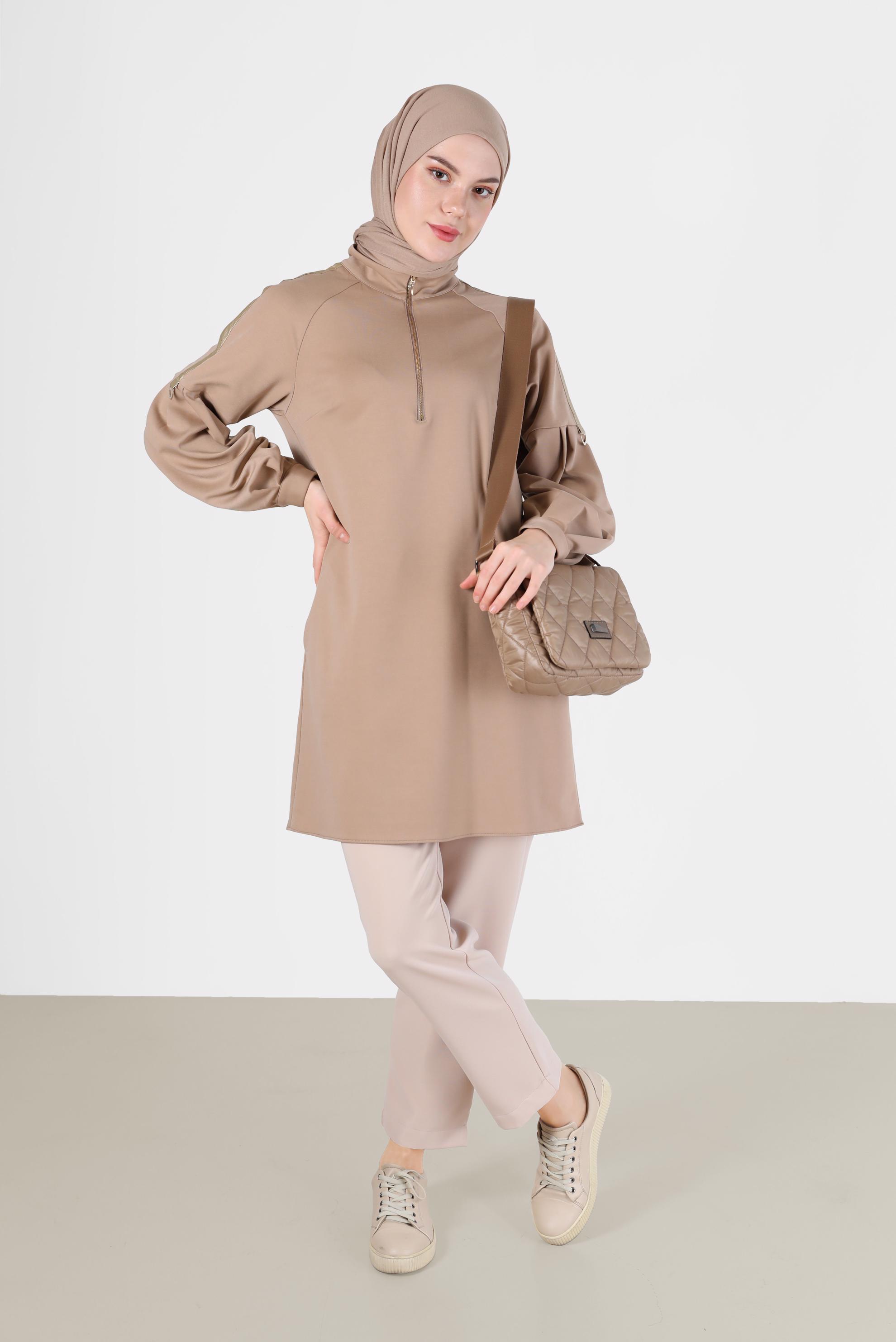 Hijab clothing BEIGE LEATHER STRIPE DETAIL ZIPPERED TUNIC 42322 