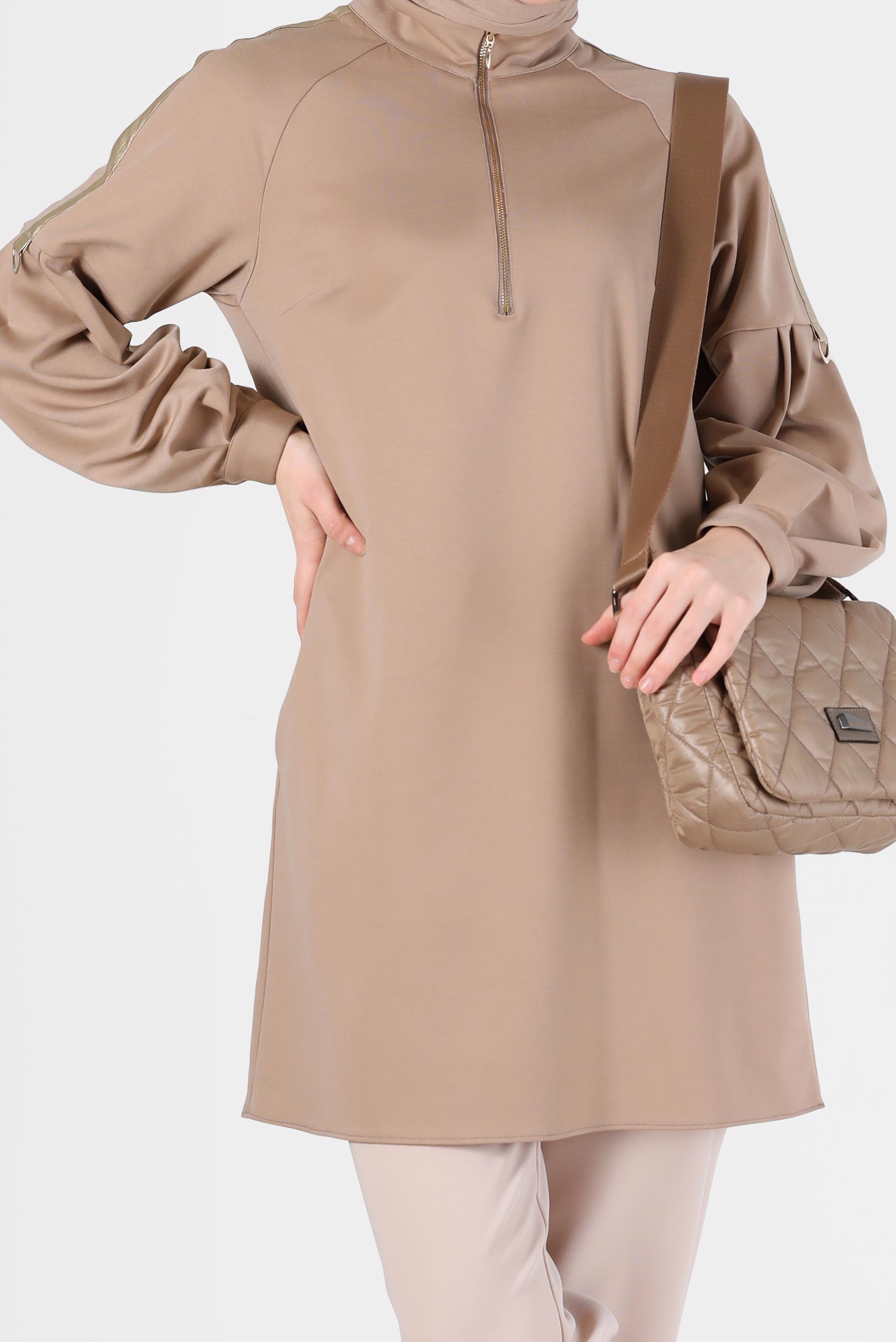 Hijab clothing BEIGE LEATHER STRIPE DETAIL ZIPPERED TUNIC 42322 