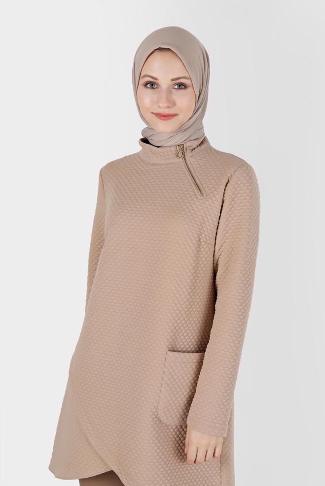 Hijab clothing  ASYMMETRIC CUT PATTERNED ZIPPER DETAIL TUNIC 42352  - ALVİNA