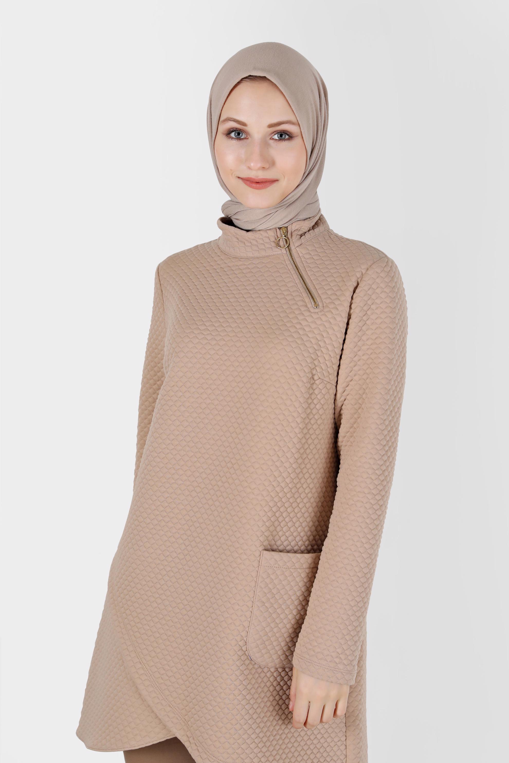 Hijab clothing BEIGE ASYMMETRIC CUT PATTERNED ZIPPER DETAIL TUNIC 42352 