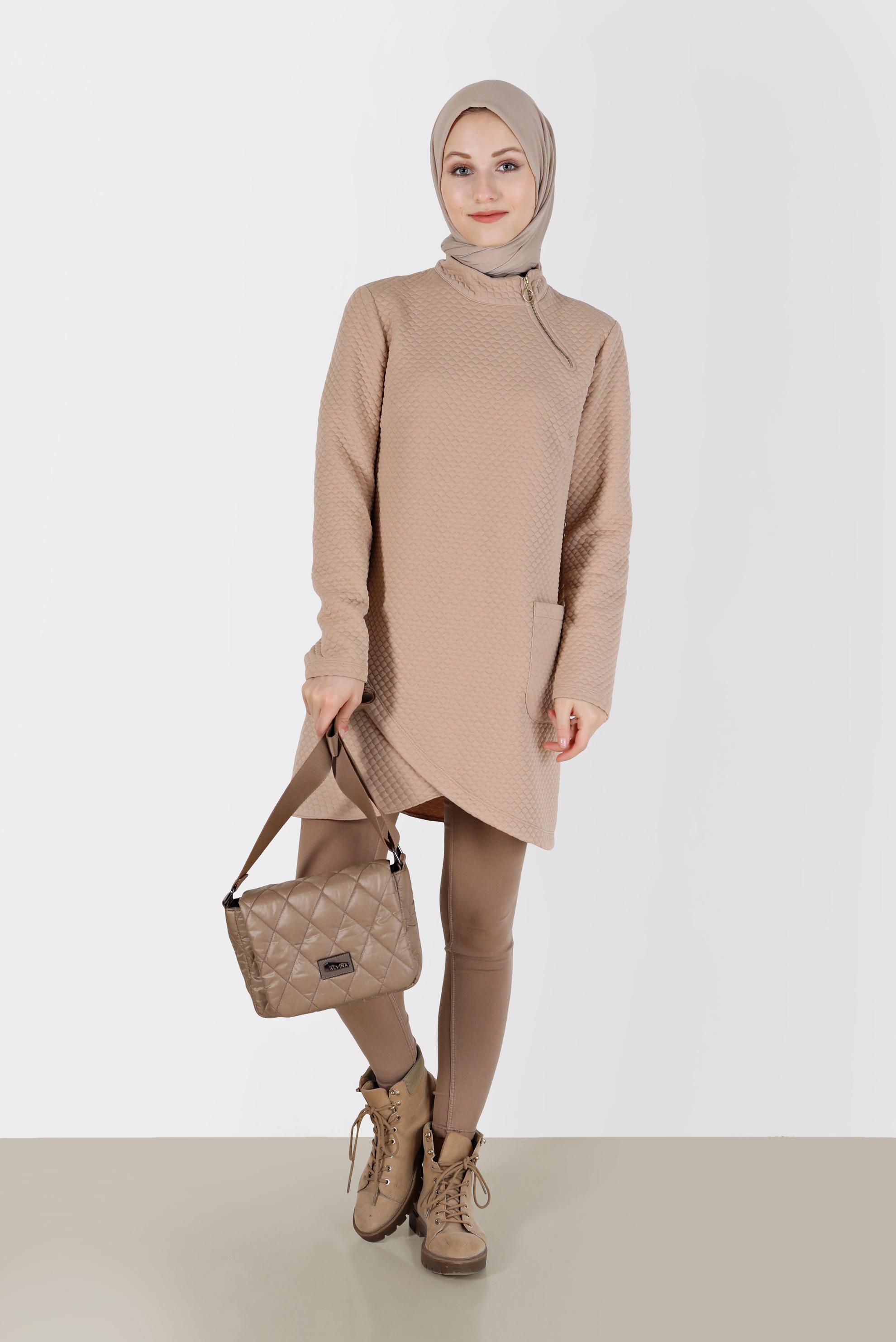 Hijab clothing BEIGE ASYMMETRIC CUT PATTERNED ZIPPER DETAIL TUNIC 42352 