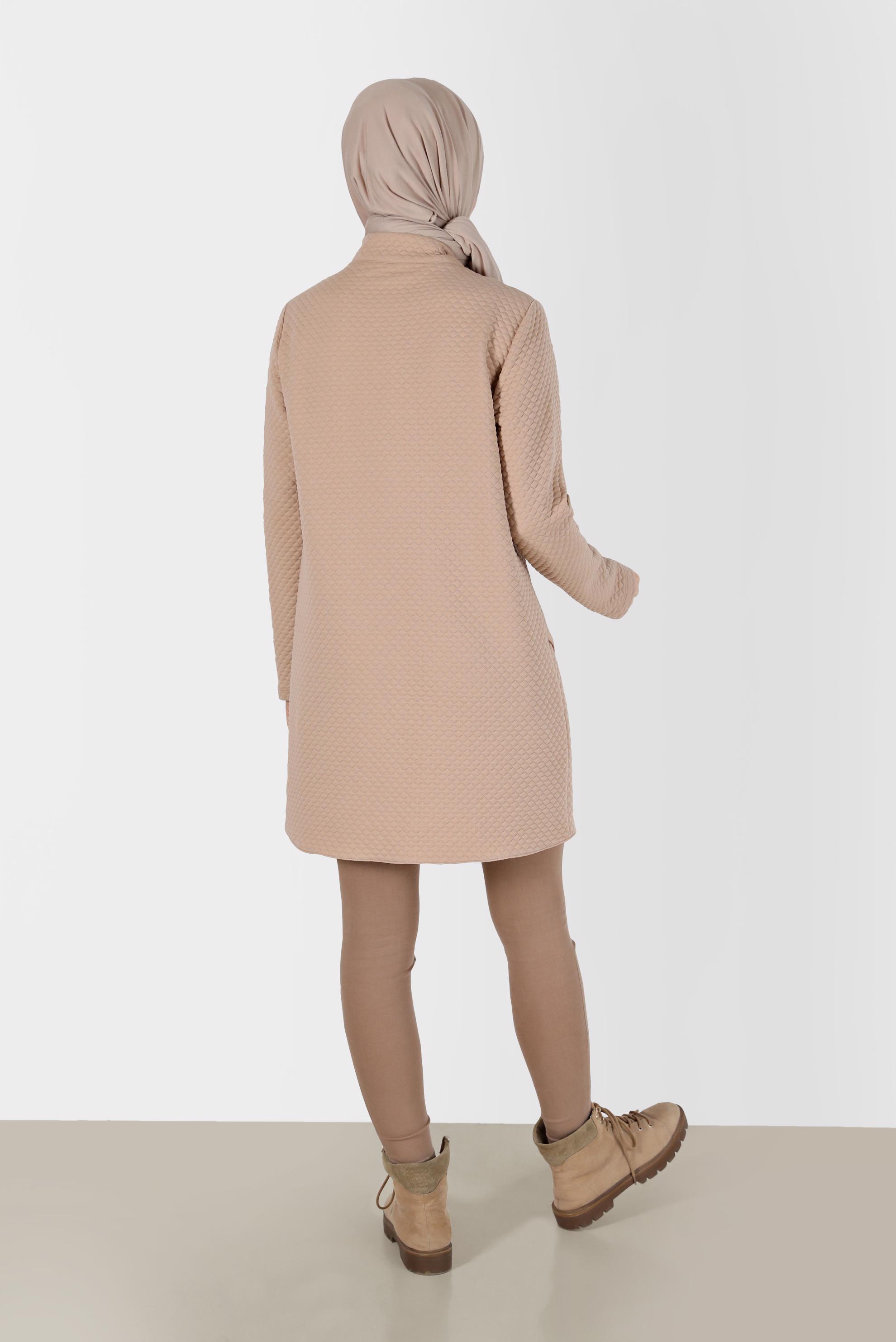 Hijab clothing BEIGE ASYMMETRIC CUT PATTERNED ZIPPER DETAIL TUNIC 42352 