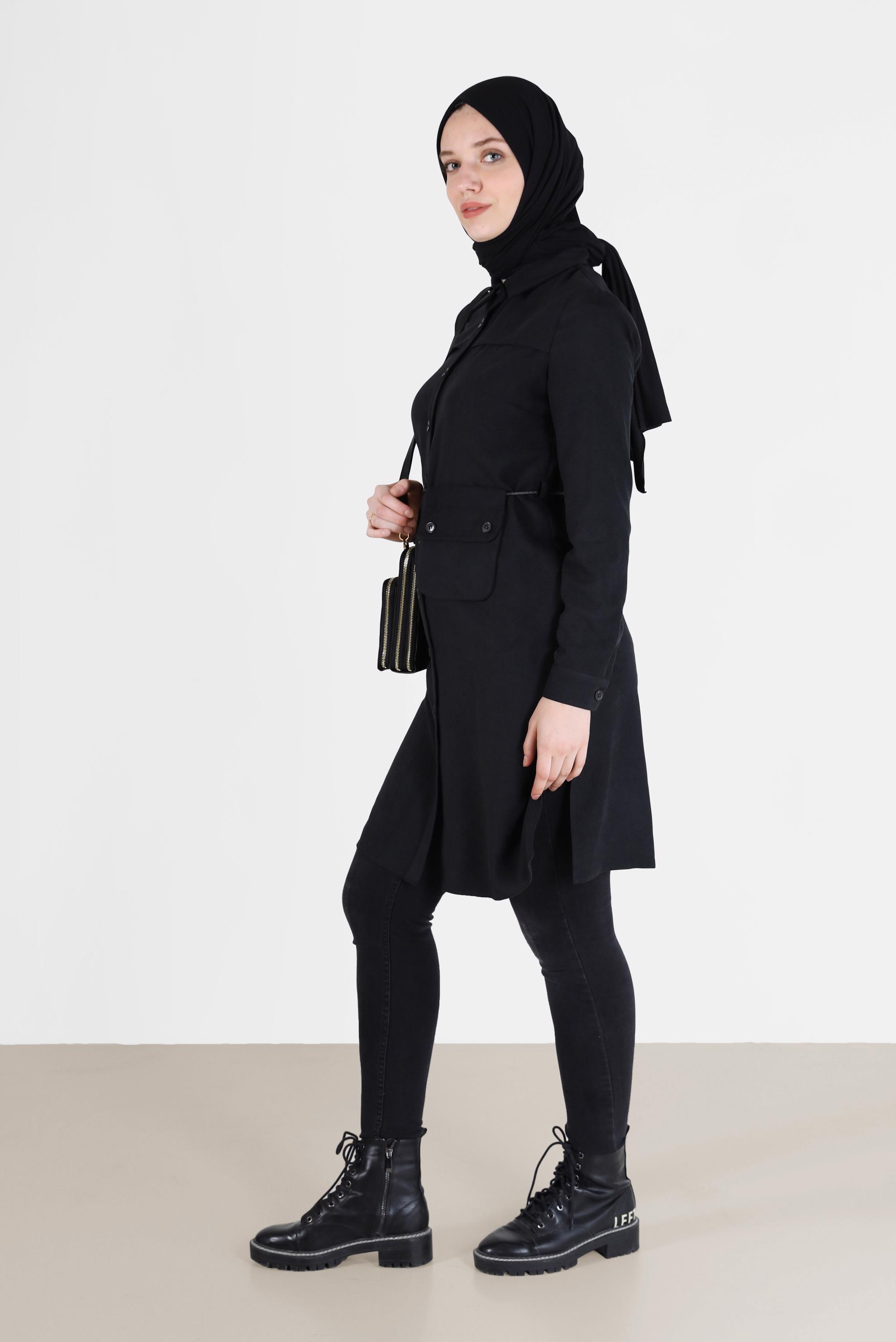 Tesettür giyim SİYAH CEP DETAYLI DÜĞMELİ TUNİK 42353 