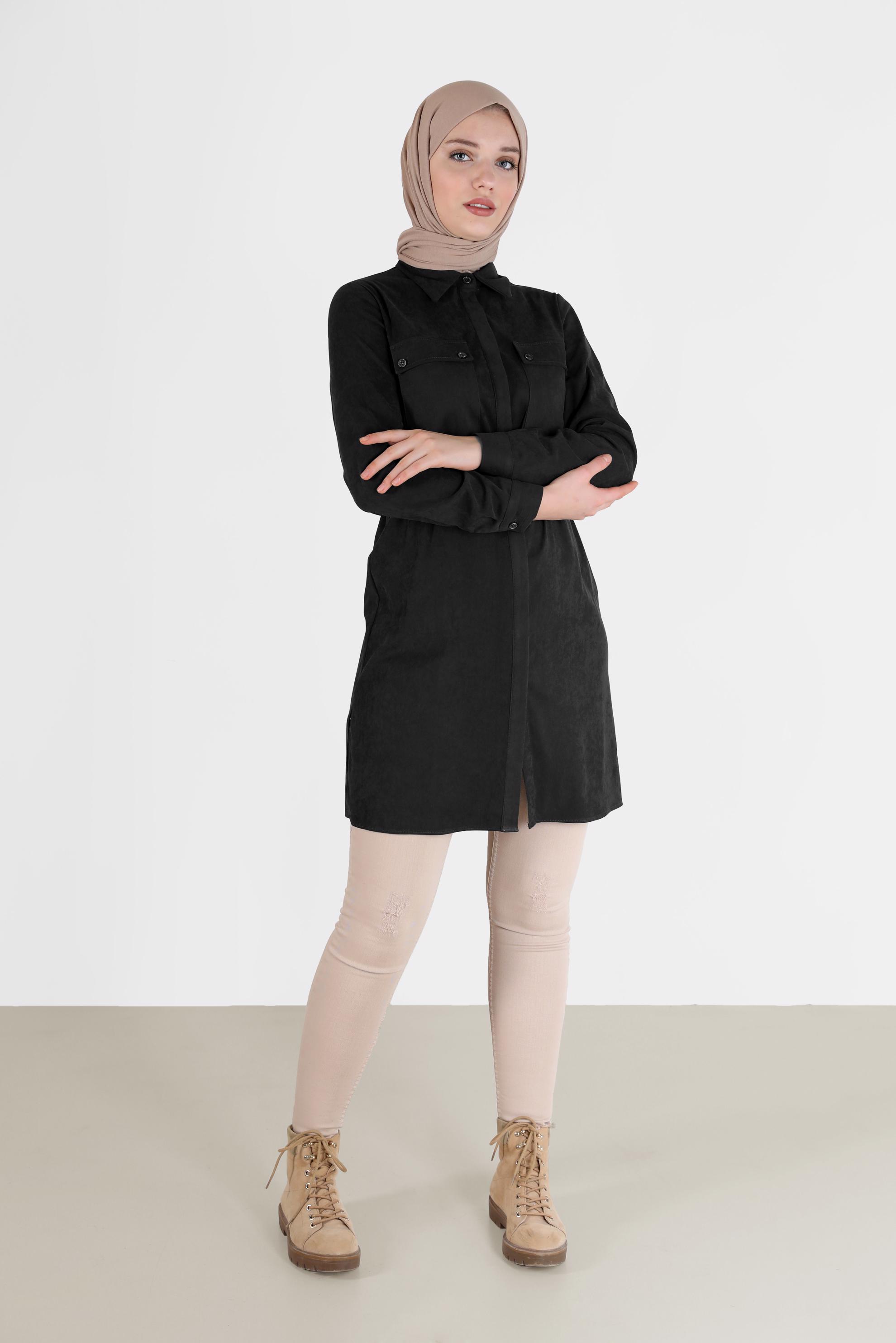 Tesettür giyim SİYAH BELİ KUŞAKLI CEP DETAYLI TUNİK 42354 
