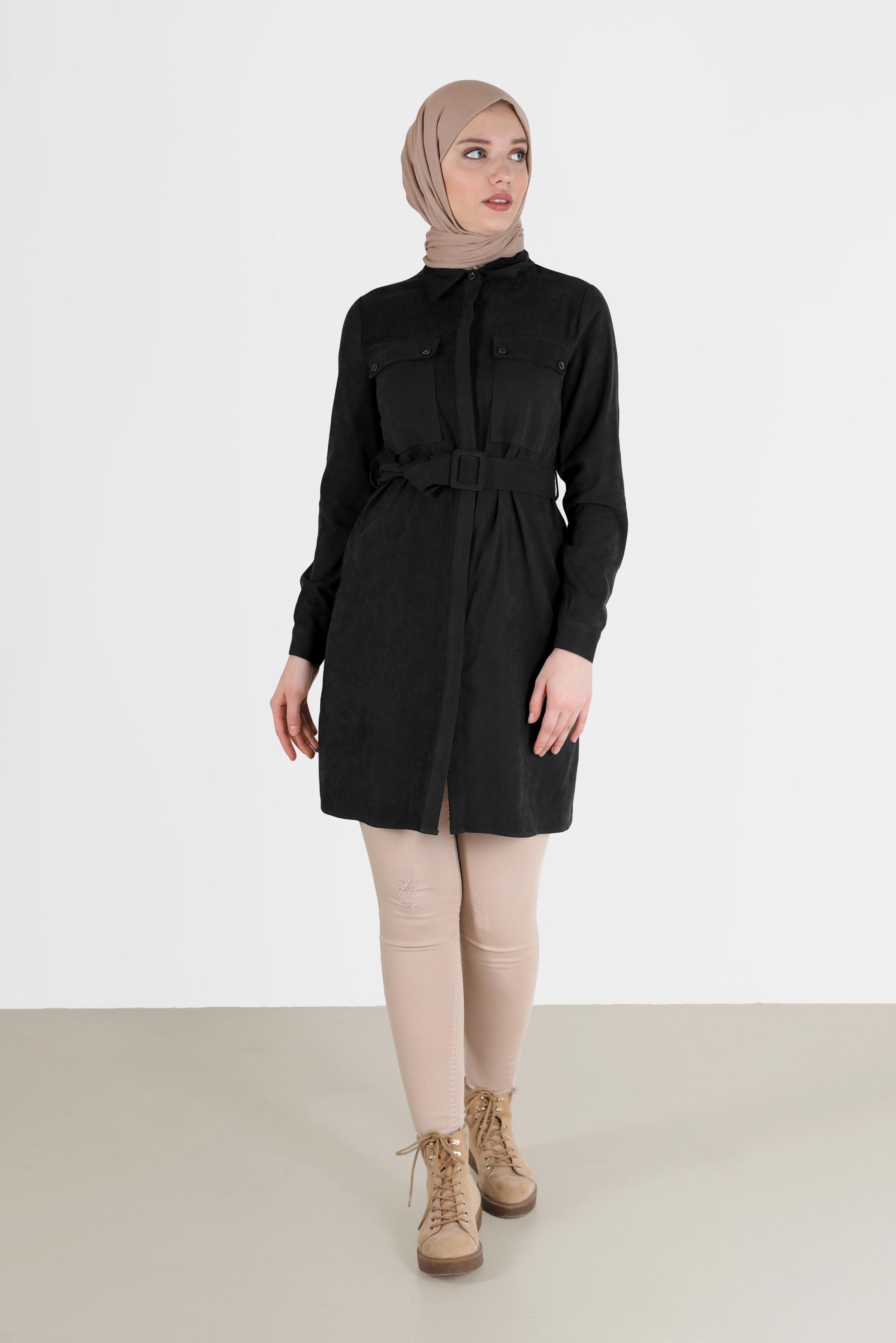 Tesettür giyim SİYAH BELİ KUŞAKLI CEP DETAYLI TUNİK 42354 