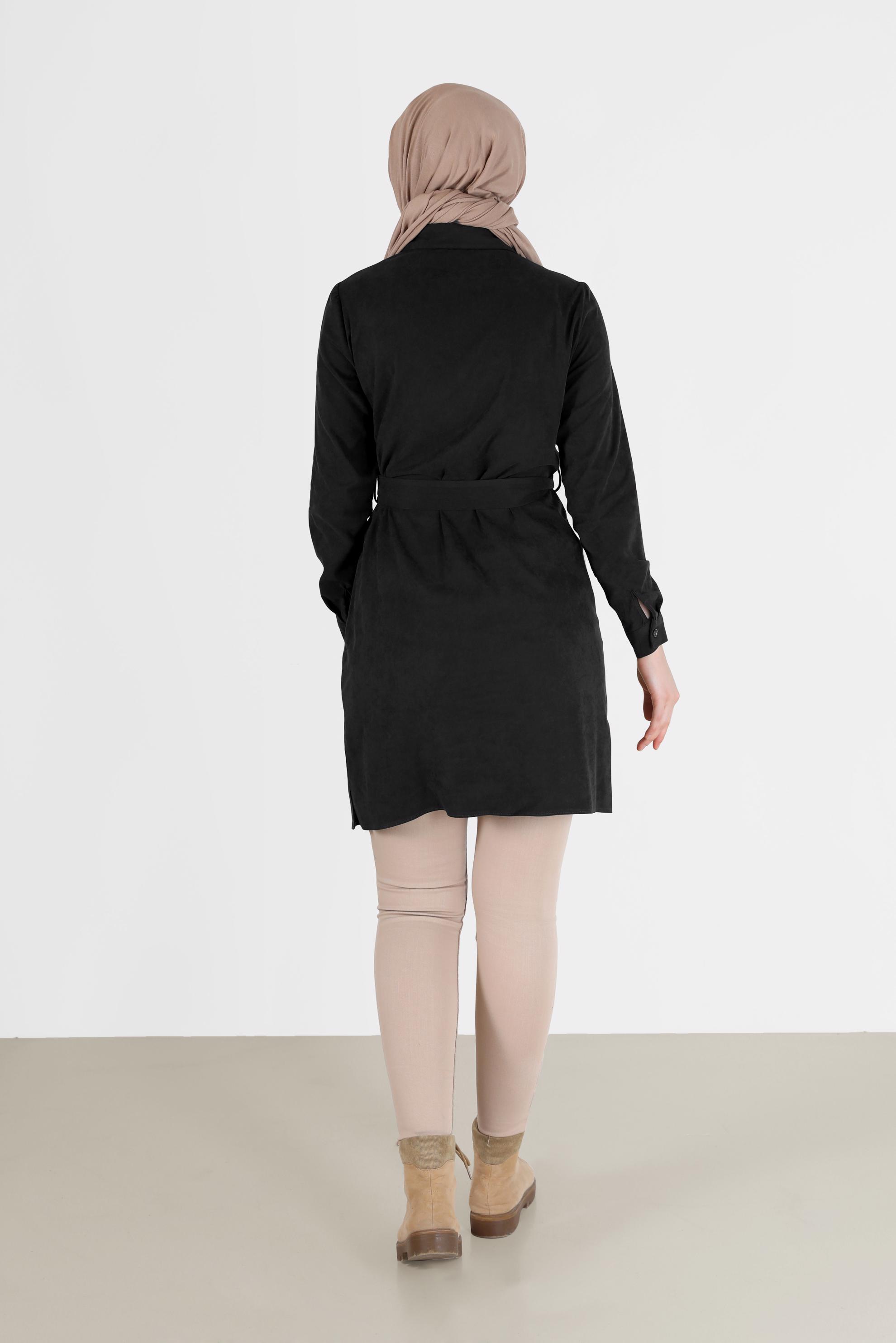 Tesettür giyim SİYAH BELİ KUŞAKLI CEP DETAYLI TUNİK 42354 