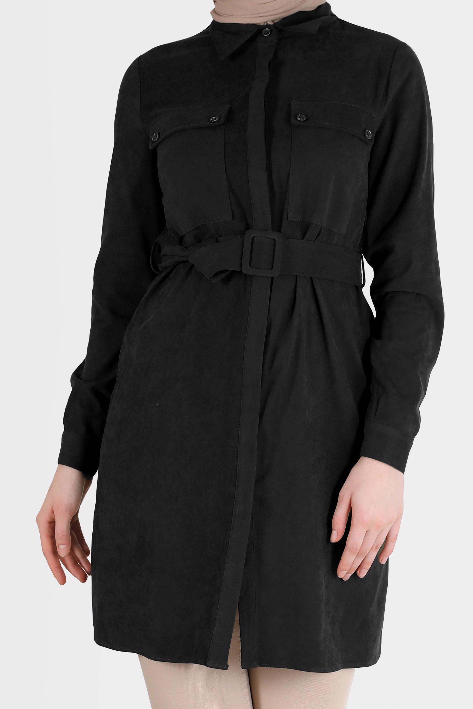 Tesettür giyim SİYAH BELİ KUŞAKLI CEP DETAYLI TUNİK 42354 