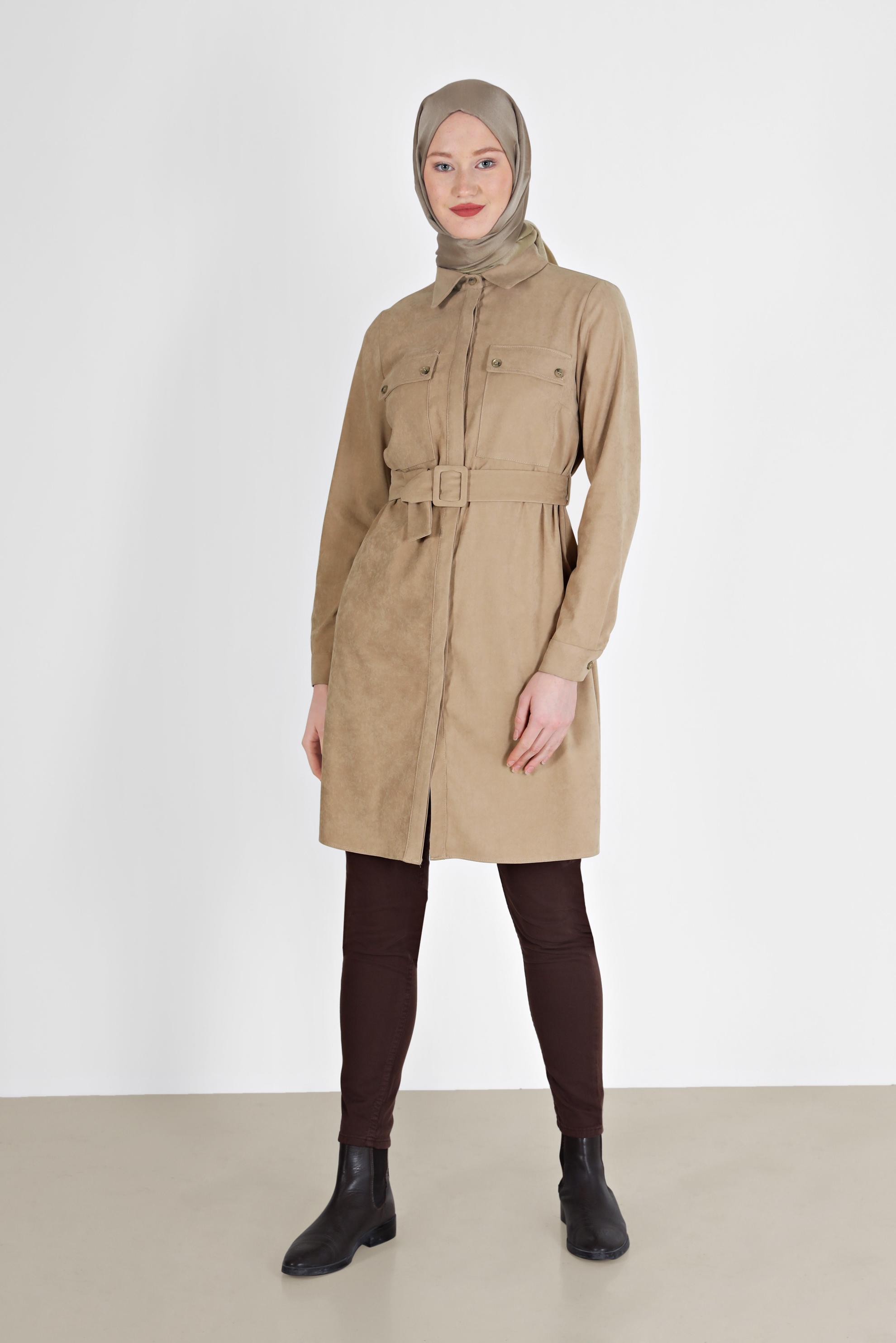 Hijab clothing BEIGE BELTED POCKET DETAIL TUNIC 42354 