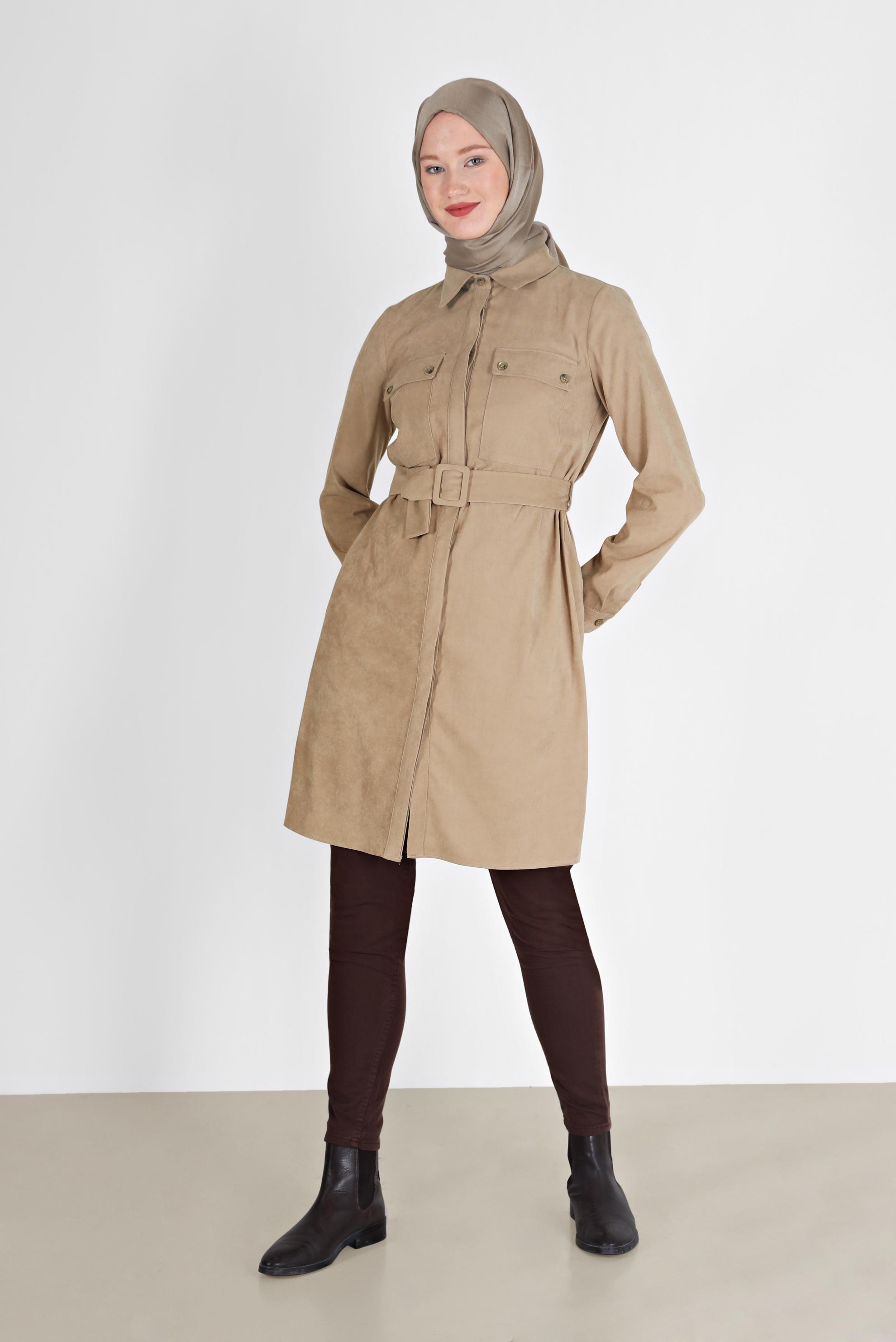 Hijab clothing BEIGE BELTED POCKET DETAIL TUNIC 42354 