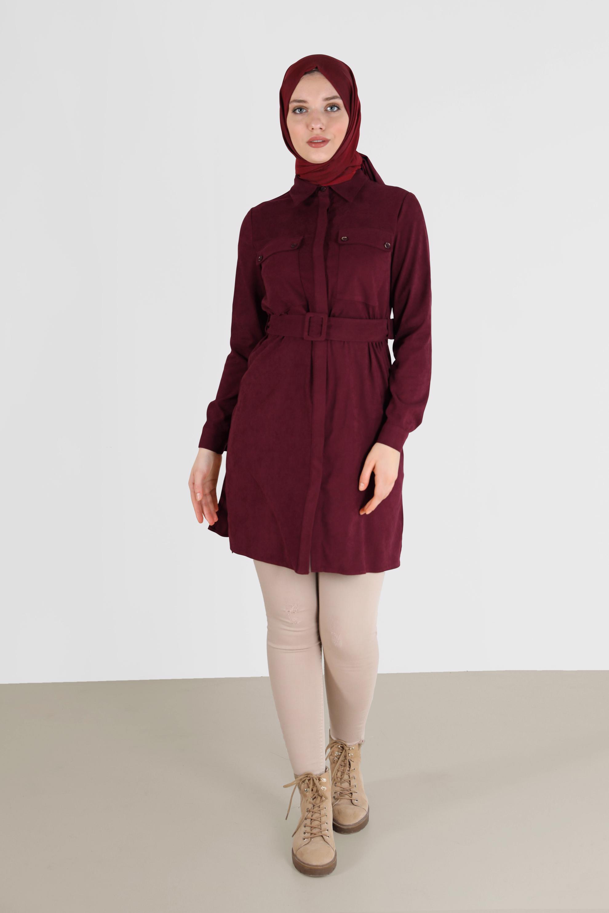 Tesettür giyim BORDO BELİ KUŞAKLI CEP DETAYLI TUNİK 42354 