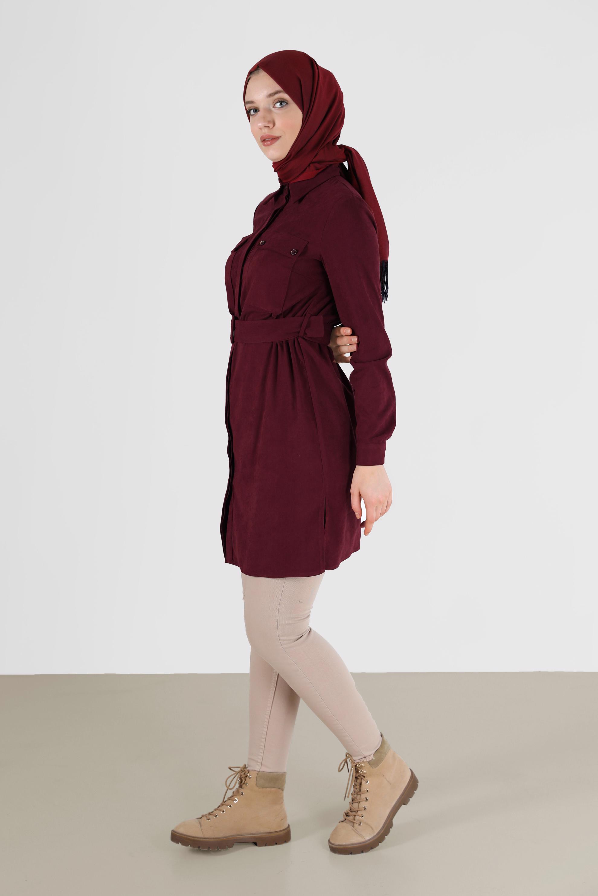 Tesettür giyim BORDO BELİ KUŞAKLI CEP DETAYLI TUNİK 42354 