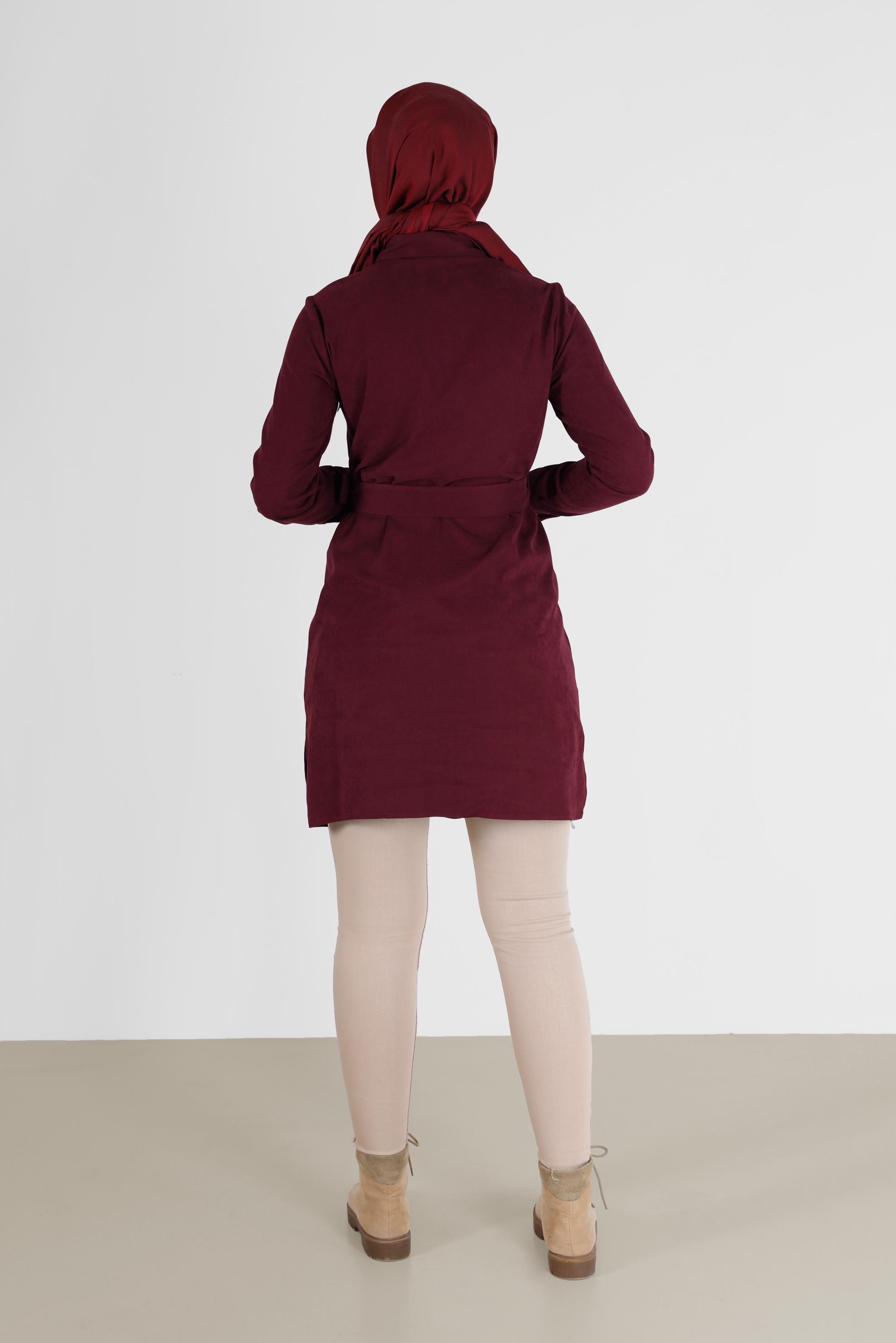 Tesettür giyim BORDO BELİ KUŞAKLI CEP DETAYLI TUNİK 42354 