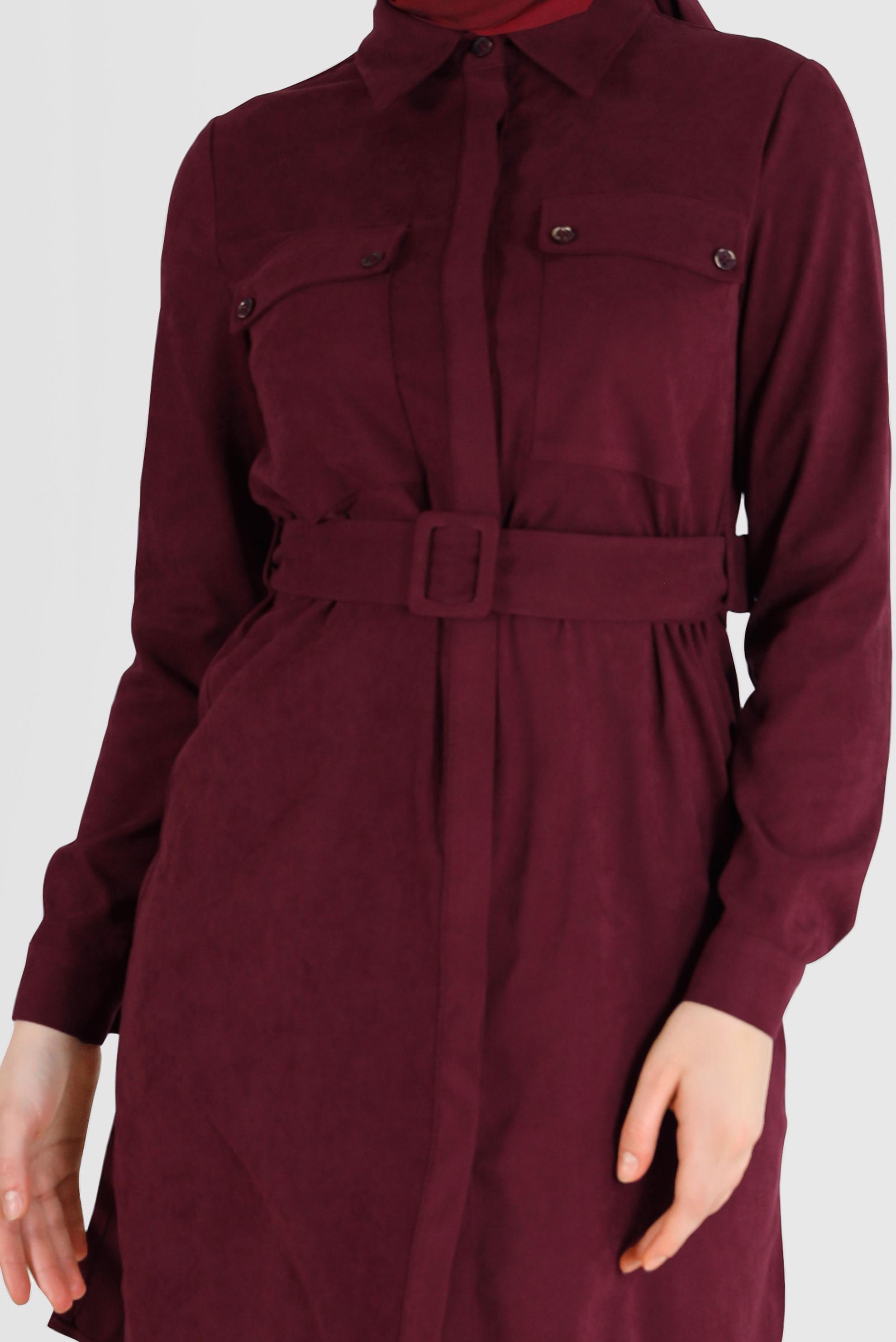 Tesettür giyim BORDO BELİ KUŞAKLI CEP DETAYLI TUNİK 42354 