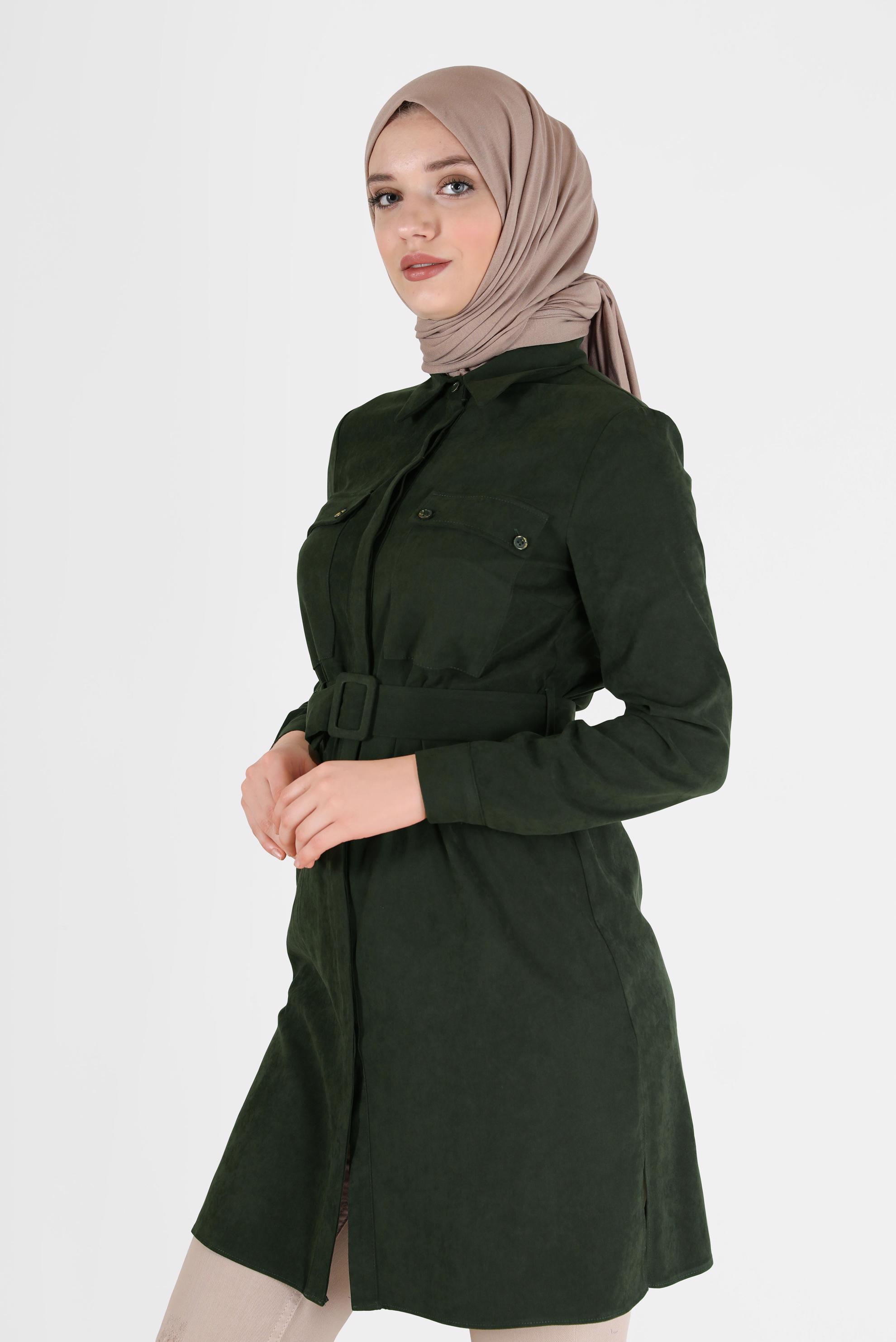 Tesettür giyim HAKİ BELİ KUŞAKLI CEP DETAYLI TUNİK 42354 