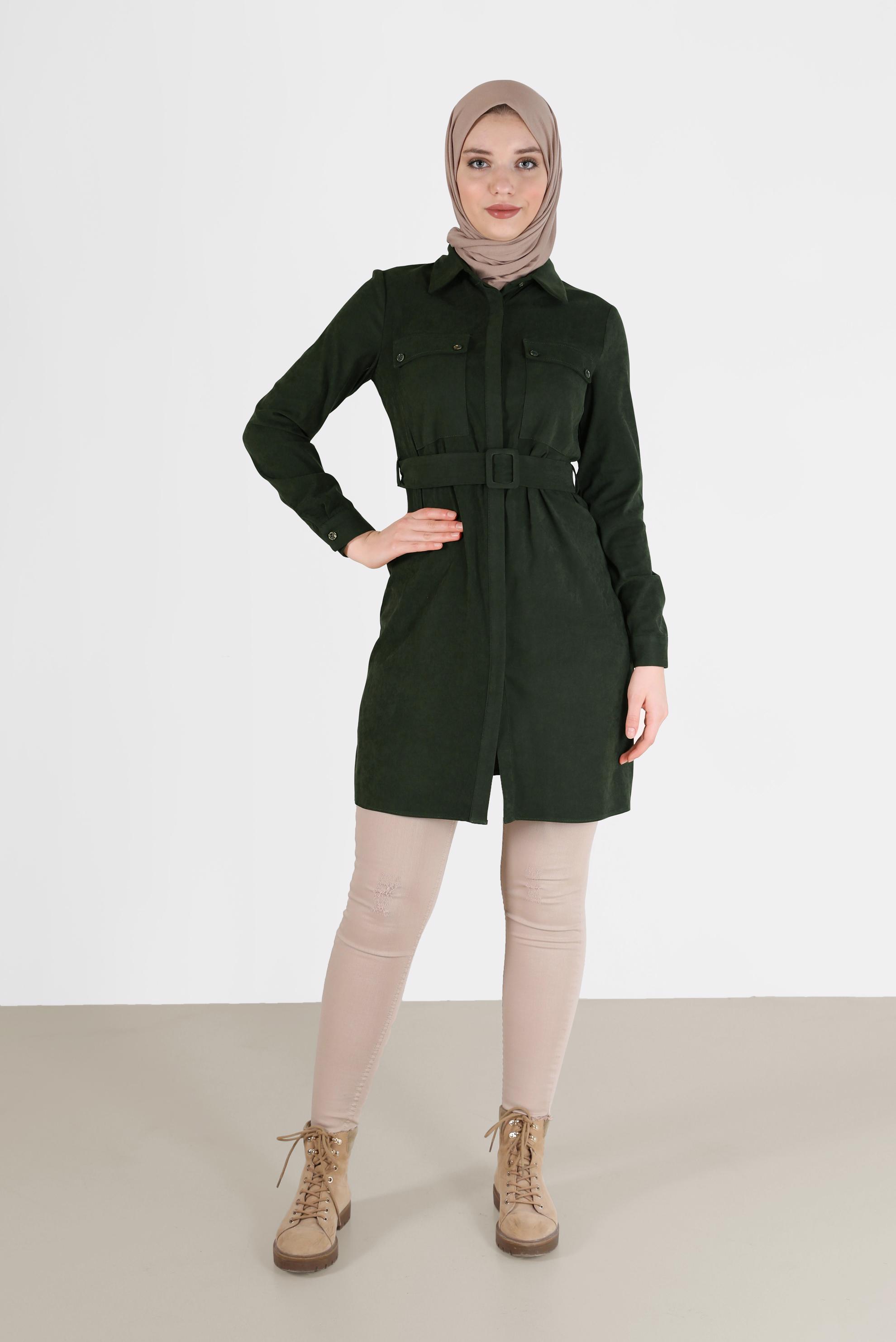 Tesettür giyim HAKİ BELİ KUŞAKLI CEP DETAYLI TUNİK 42354 