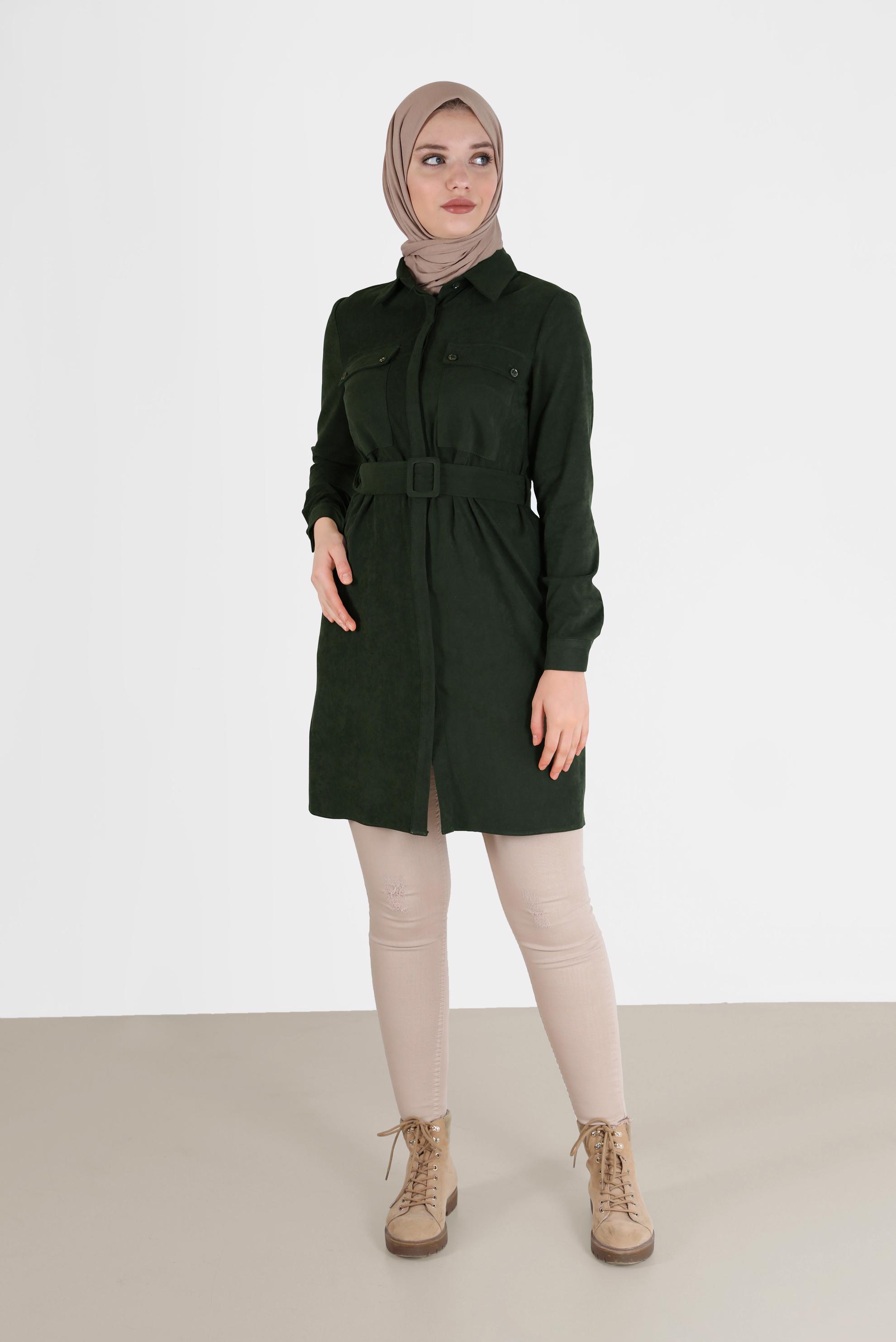 Tesettür giyim HAKİ BELİ KUŞAKLI CEP DETAYLI TUNİK 42354 