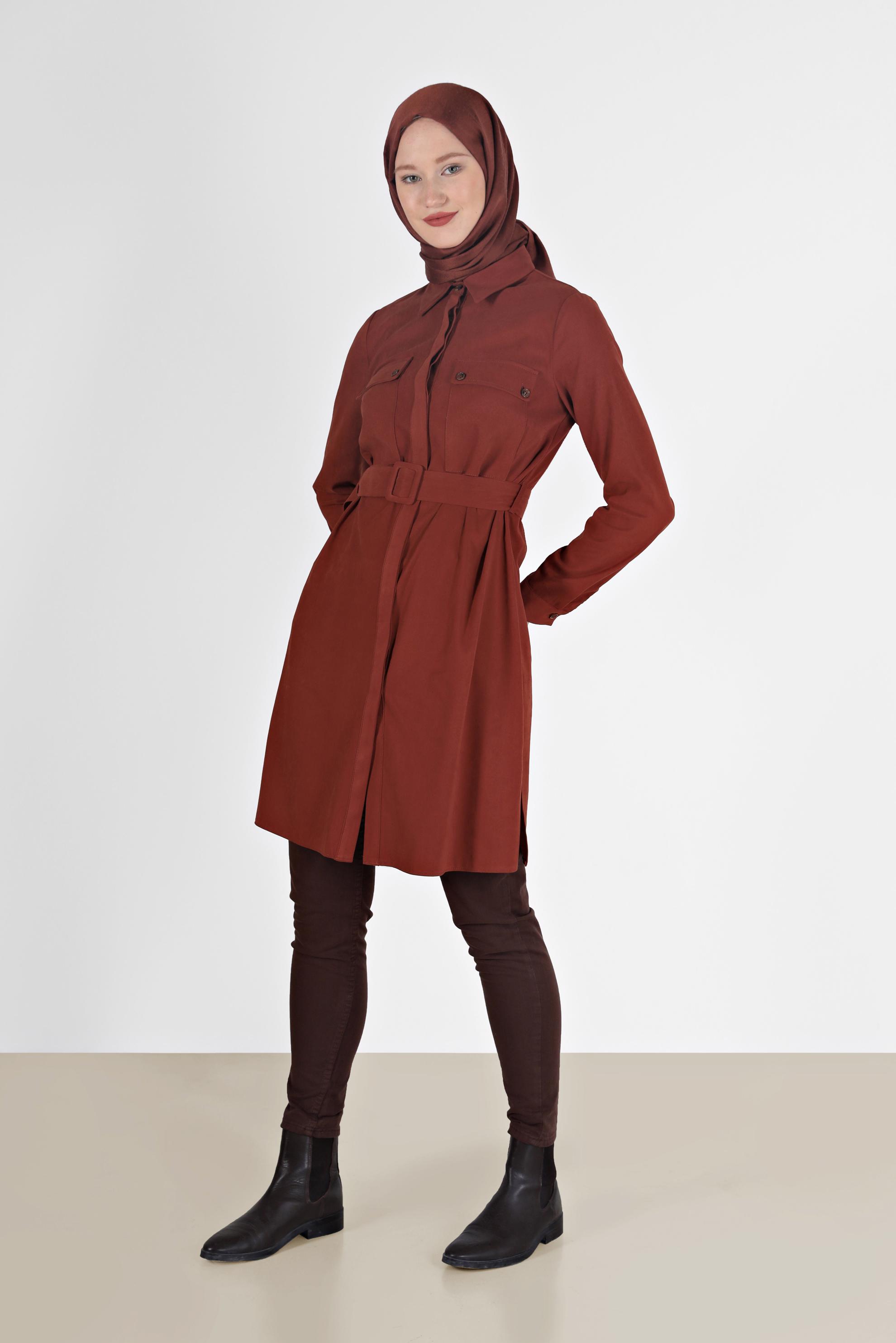 Tesettür giyim TURUNCU BELİ KUŞAKLI CEP DETAYLI TUNİK 42354 