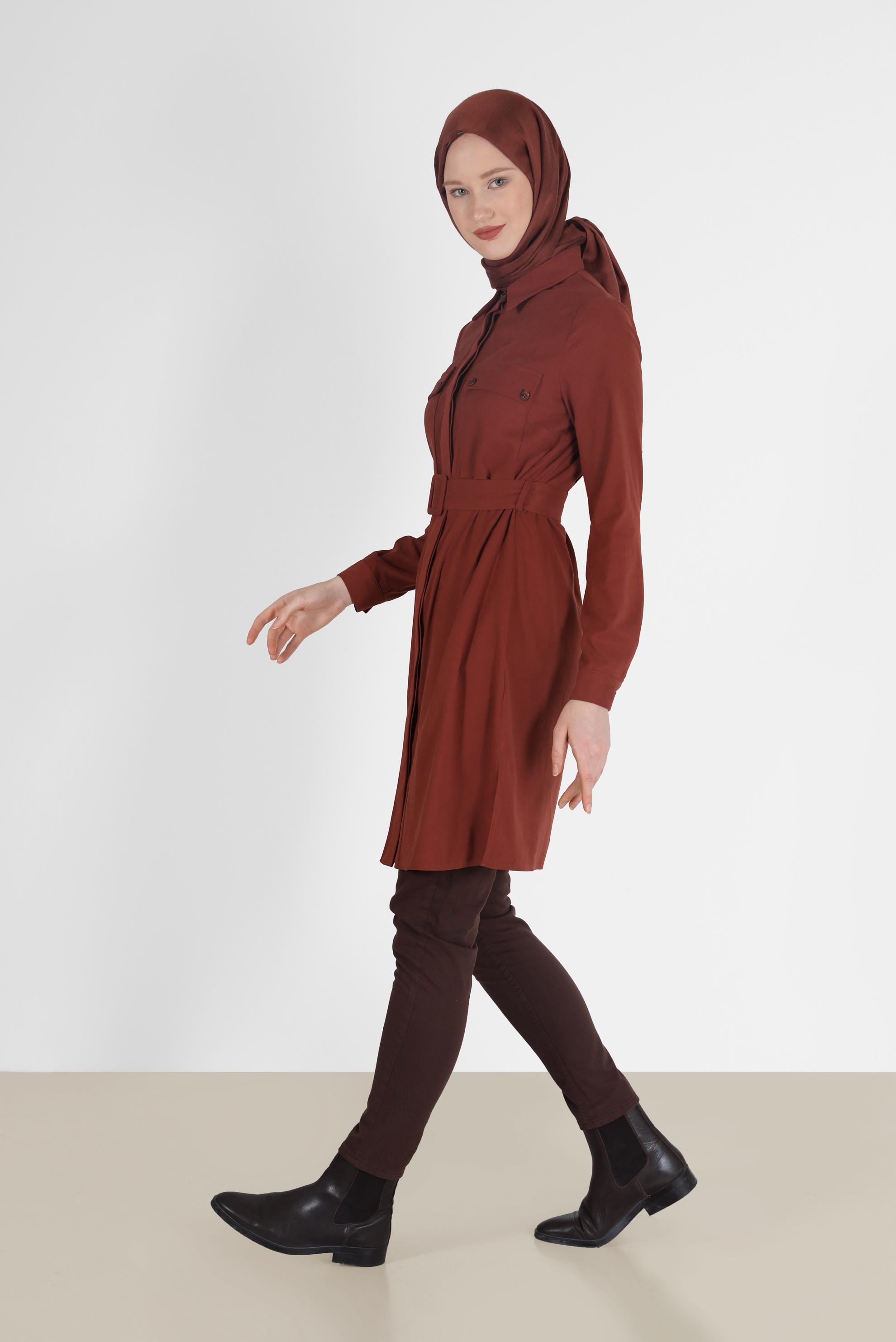 Tesettür giyim TURUNCU BELİ KUŞAKLI CEP DETAYLI TUNİK 42354 