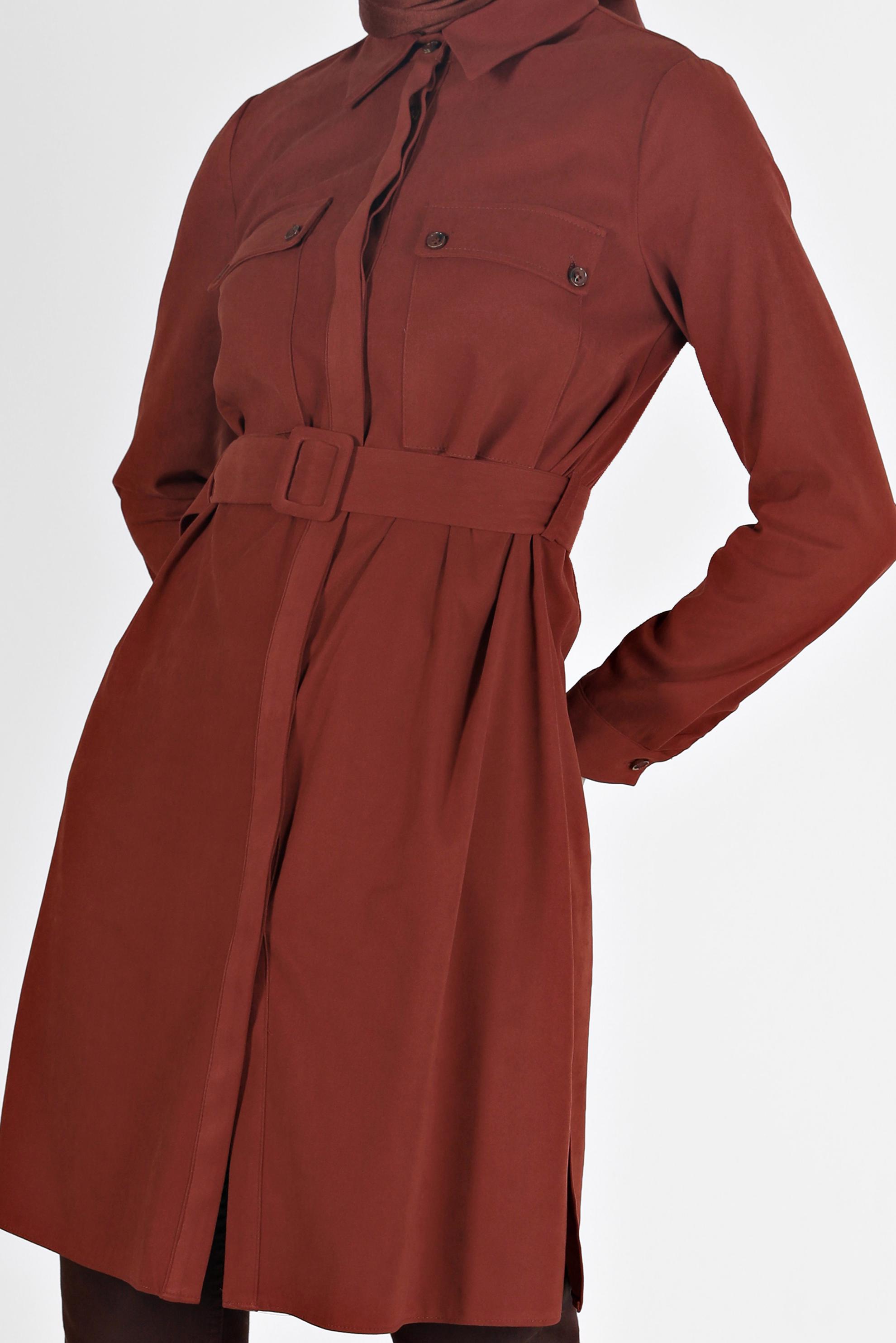 Tesettür giyim TURUNCU BELİ KUŞAKLI CEP DETAYLI TUNİK 42354 