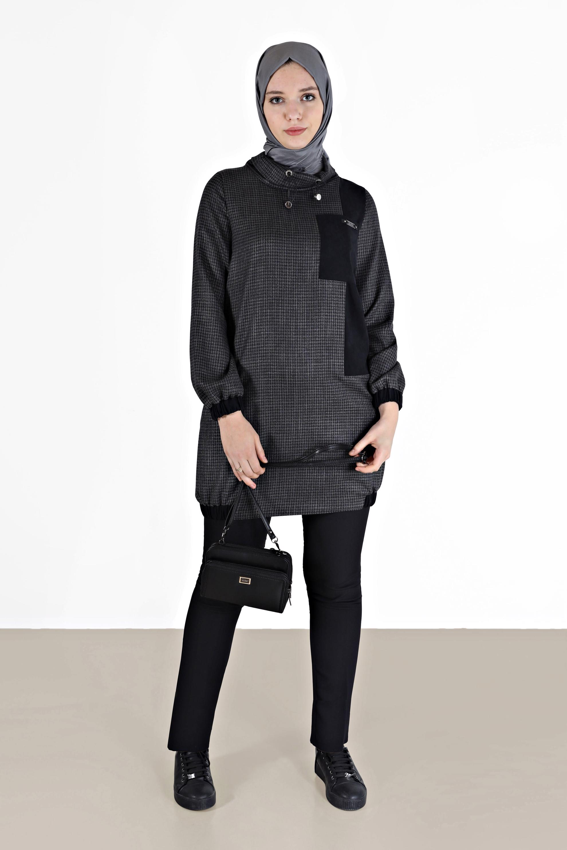 Tesettür giyim SİYAH MANŞETLERİ VE ETEK UCU LASTİKLİ PÖTİKARE TUNİK 42356 