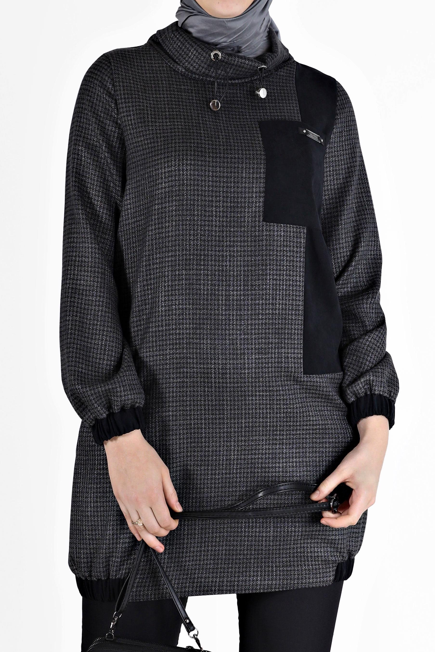 Tesettür giyim SİYAH MANŞETLERİ VE ETEK UCU LASTİKLİ PÖTİKARE TUNİK 42356 