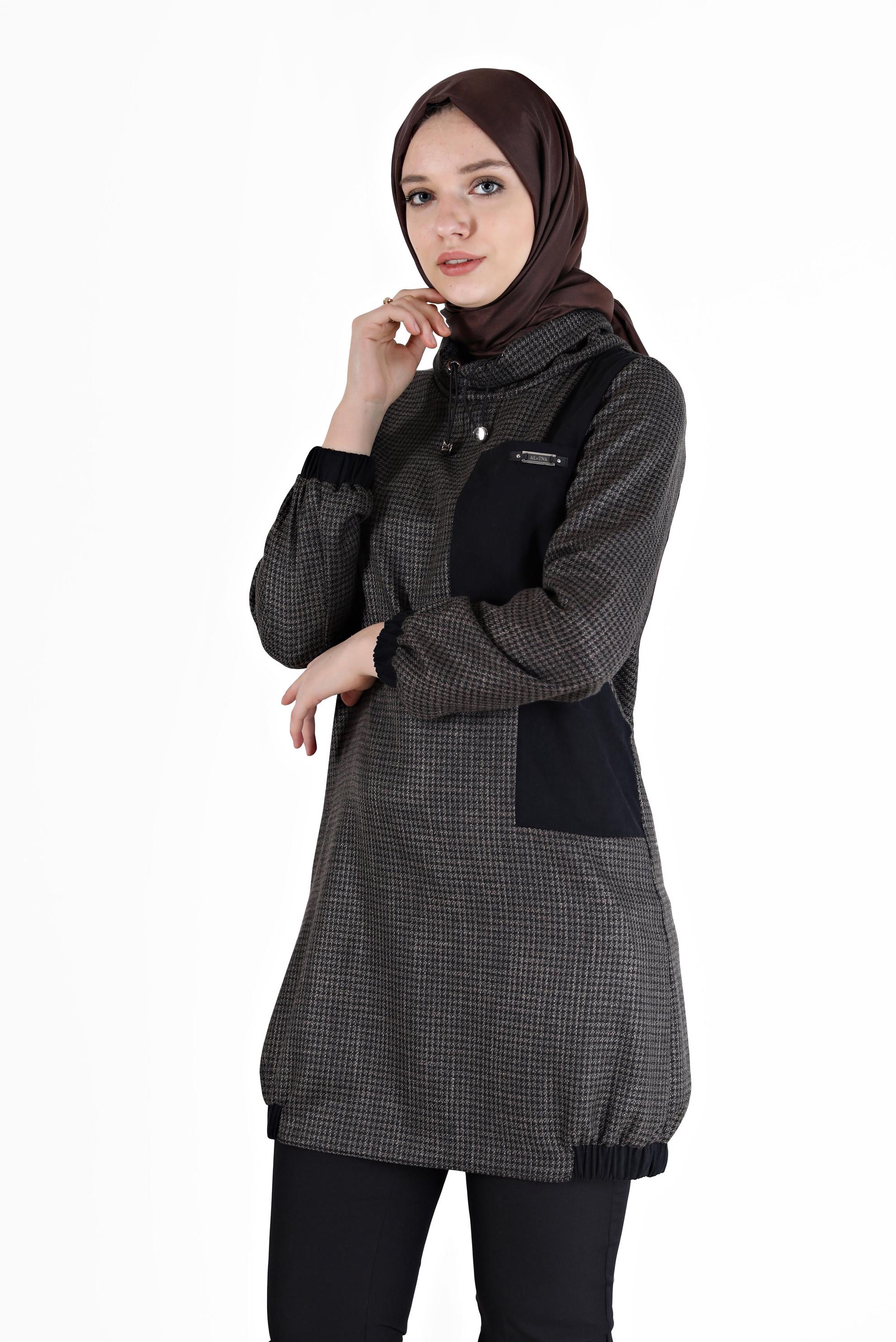 Tesettür giyim SİYAH MANŞETLERİ VE ETEK UCU LASTİKLİ PÖTİKARE TUNİK 42356 