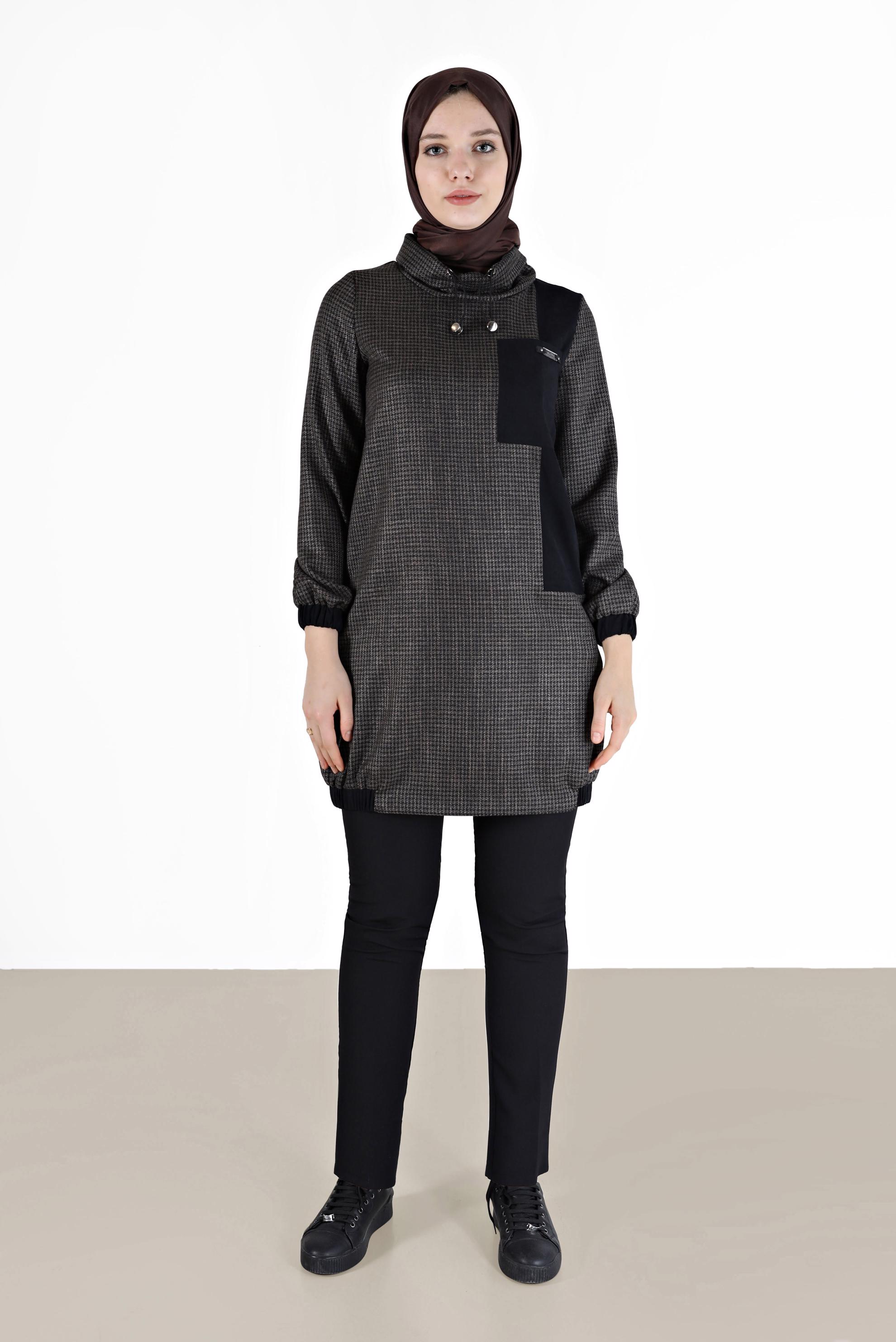 Tesettür giyim SİYAH MANŞETLERİ VE ETEK UCU LASTİKLİ PÖTİKARE TUNİK 42356 